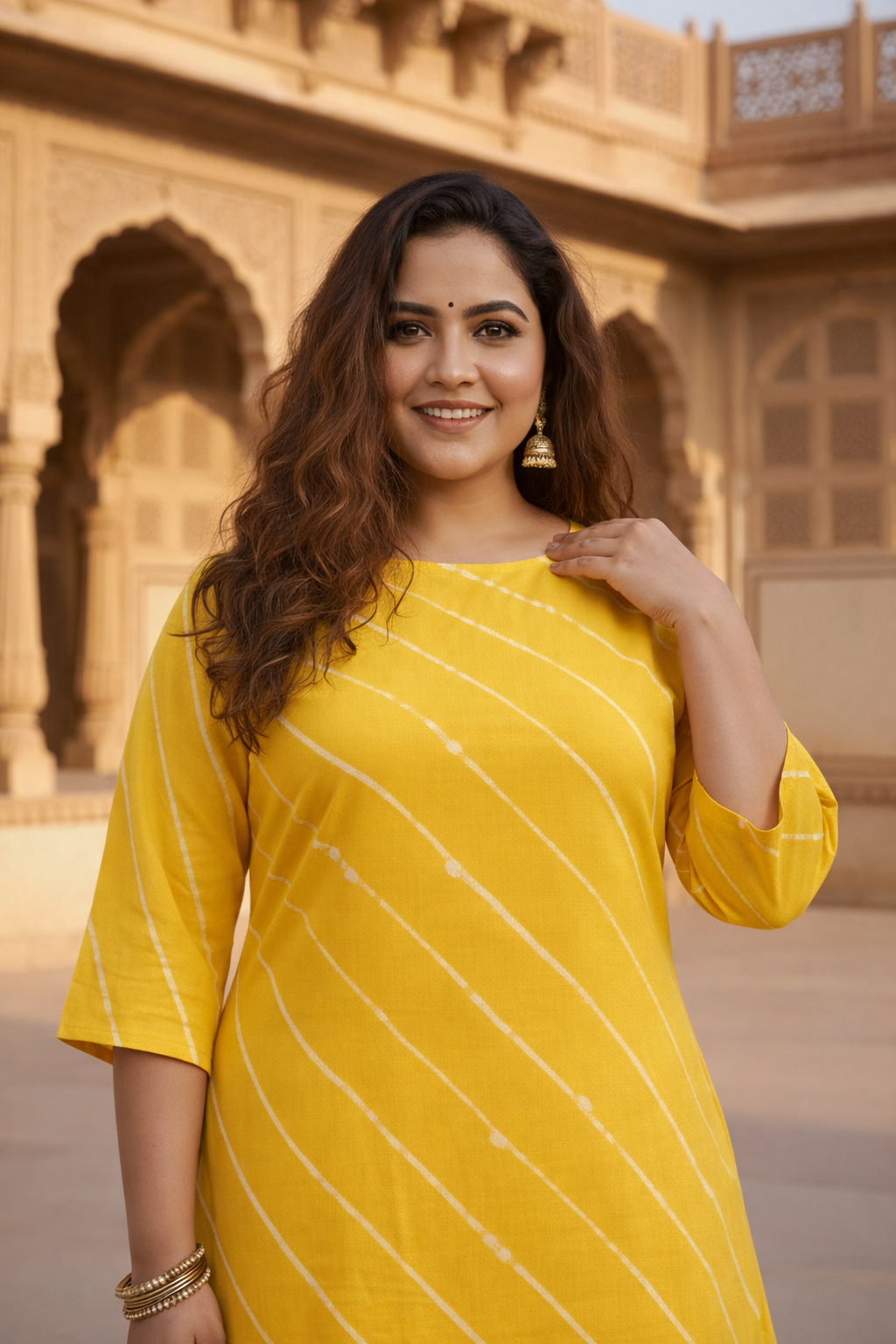 Yellow Leheriya Hilo Kurta Set - (Set of 2)