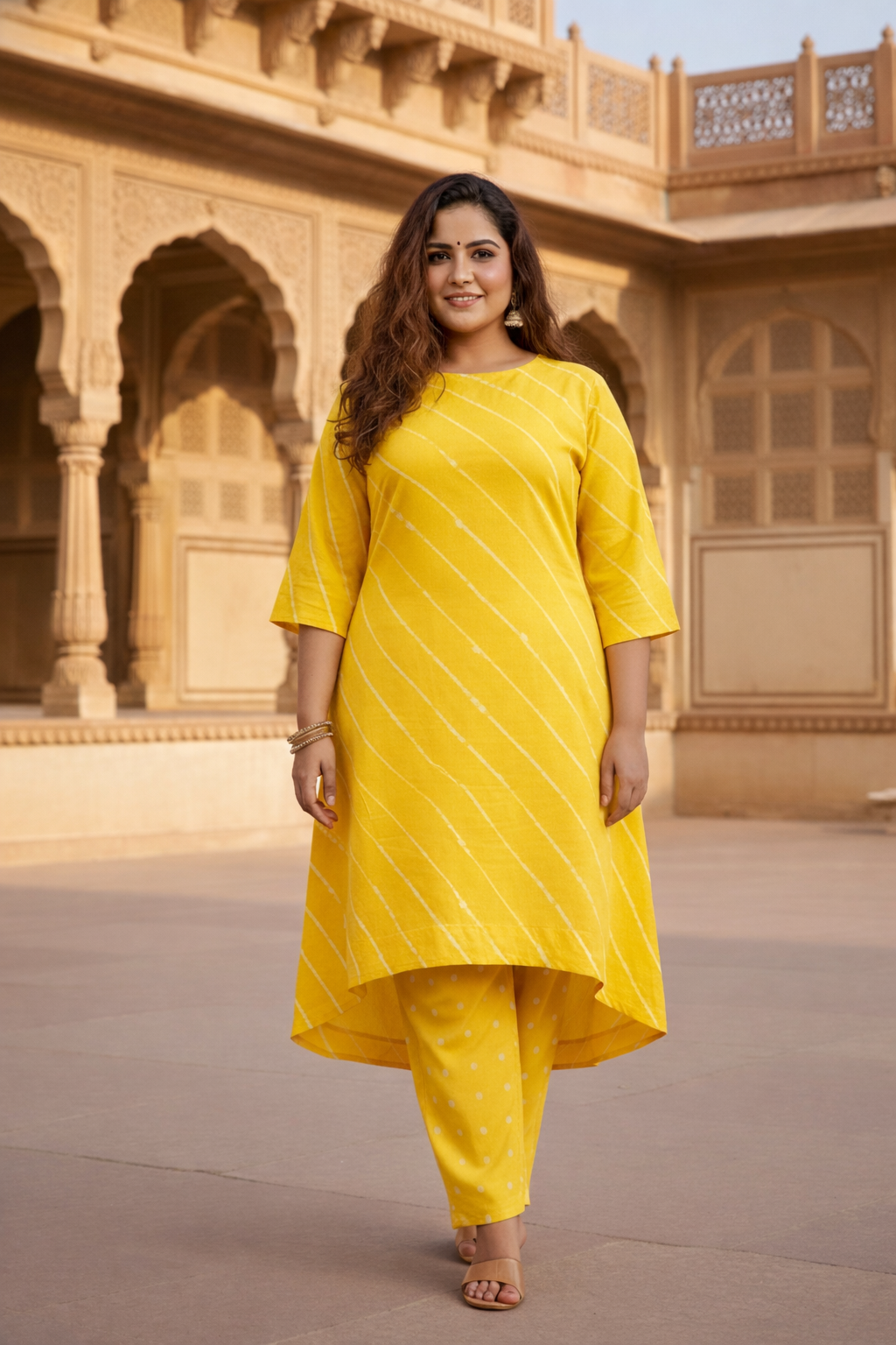 Yellow Leheriya Hilo Kurta Set - (Set of 2)
