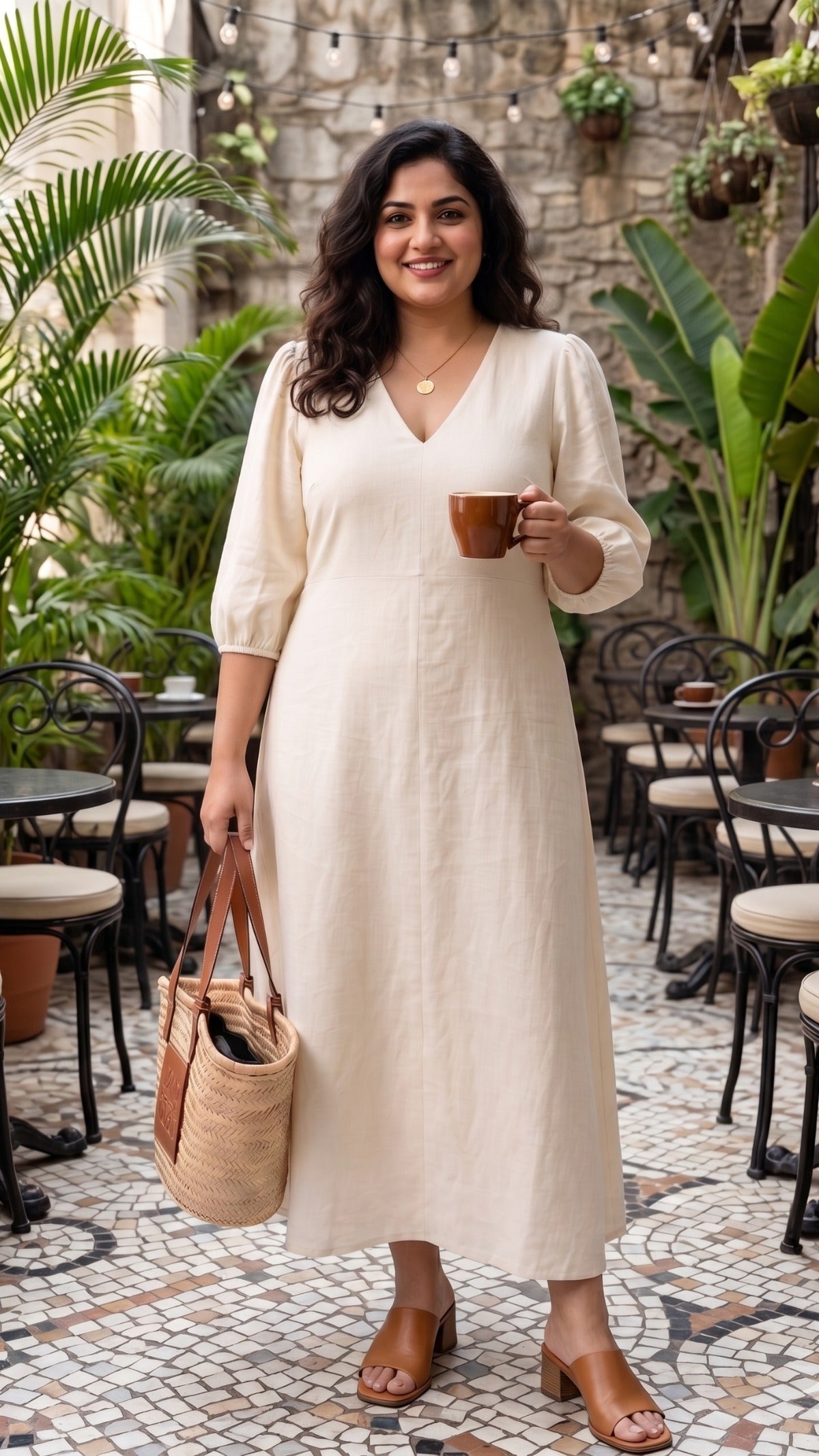 Plus Size Off-White Cotton Maxi Dress – Elegant V-Neck Flowy Dress for Women