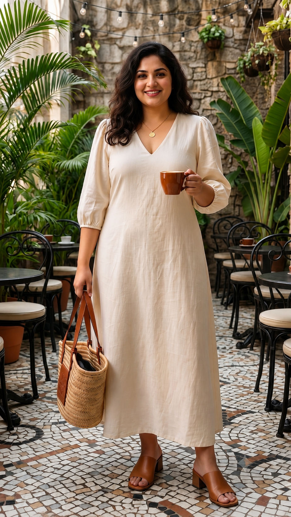Plus Size Off-White Cotton Maxi Dress – Elegant V-Neck Flowy Dress for Women