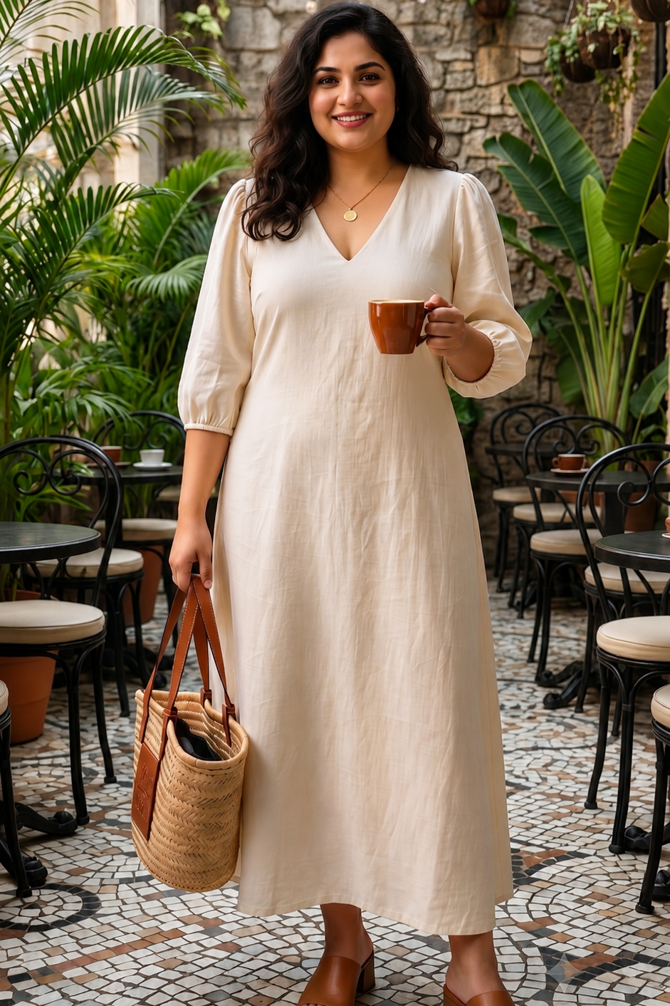 Plus Size Off-White Cotton Maxi Dress – Elegant V-Neck Flowy Dress for Women