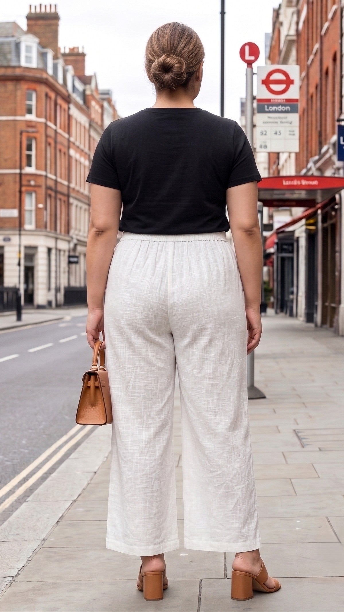 Plus Size White Cotton Slub Palazzo Pants for Women | Straight Fit Elastic Waist Bottom Wear