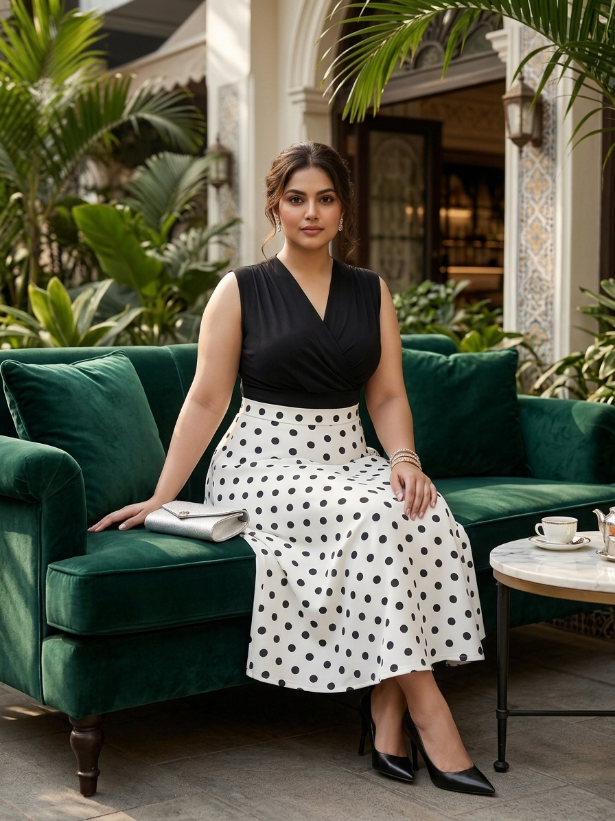 Plus Size Polka Dot Skirt for Women | White & Black A-Line Midi Skirt