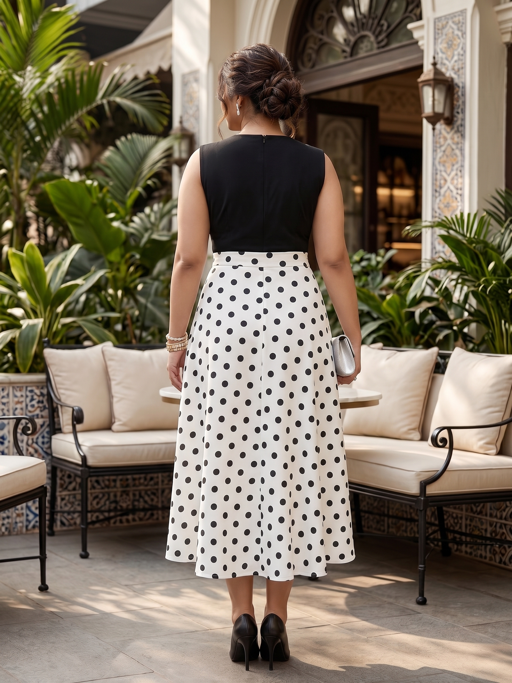 Plus Size Polka Dot Skirt for Women | White & Black A-Line Midi Skirt