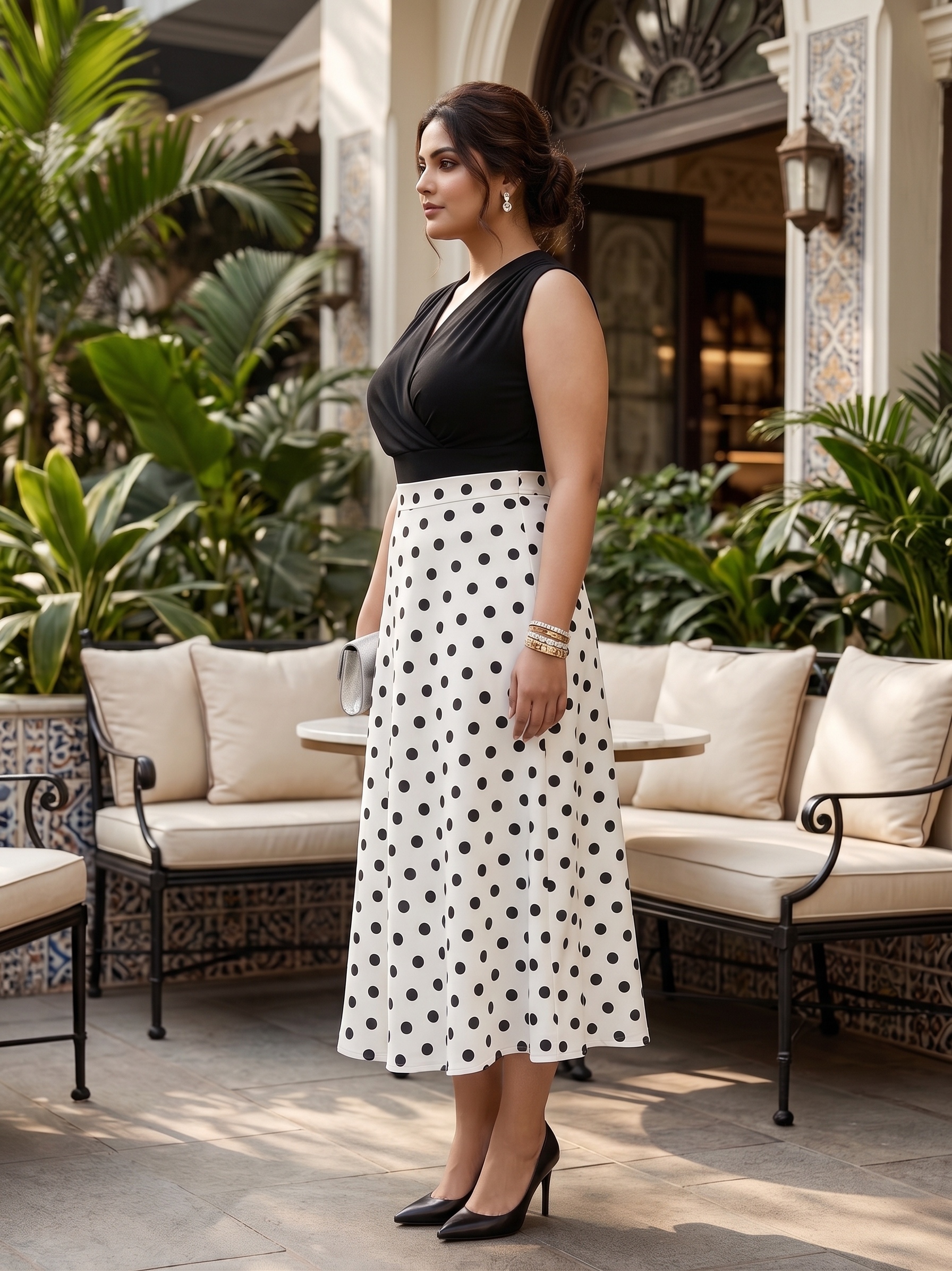 Plus Size Polka Dot Skirt for Women | White & Black A-Line Midi Skirt