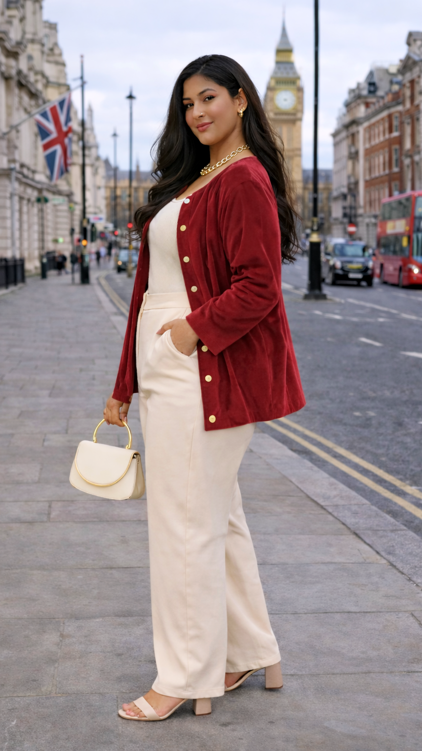 Wine Suede Velvet Longline Button-Down Jacket – Elegant Structured Fit