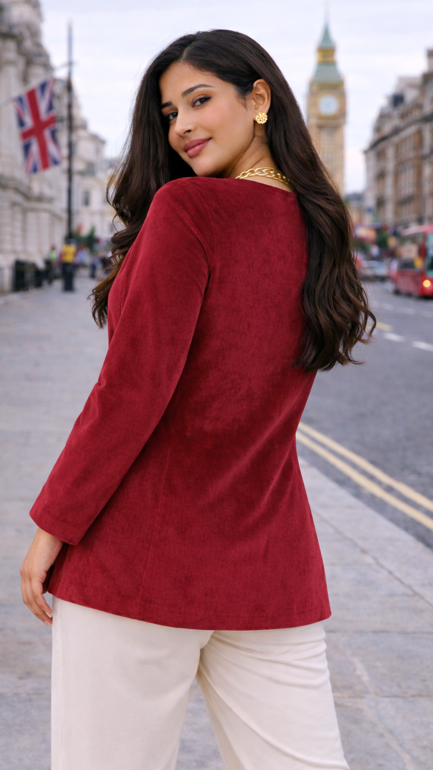Wine Suede Velvet Longline Button-Down Jacket – Elegant Structured Fit