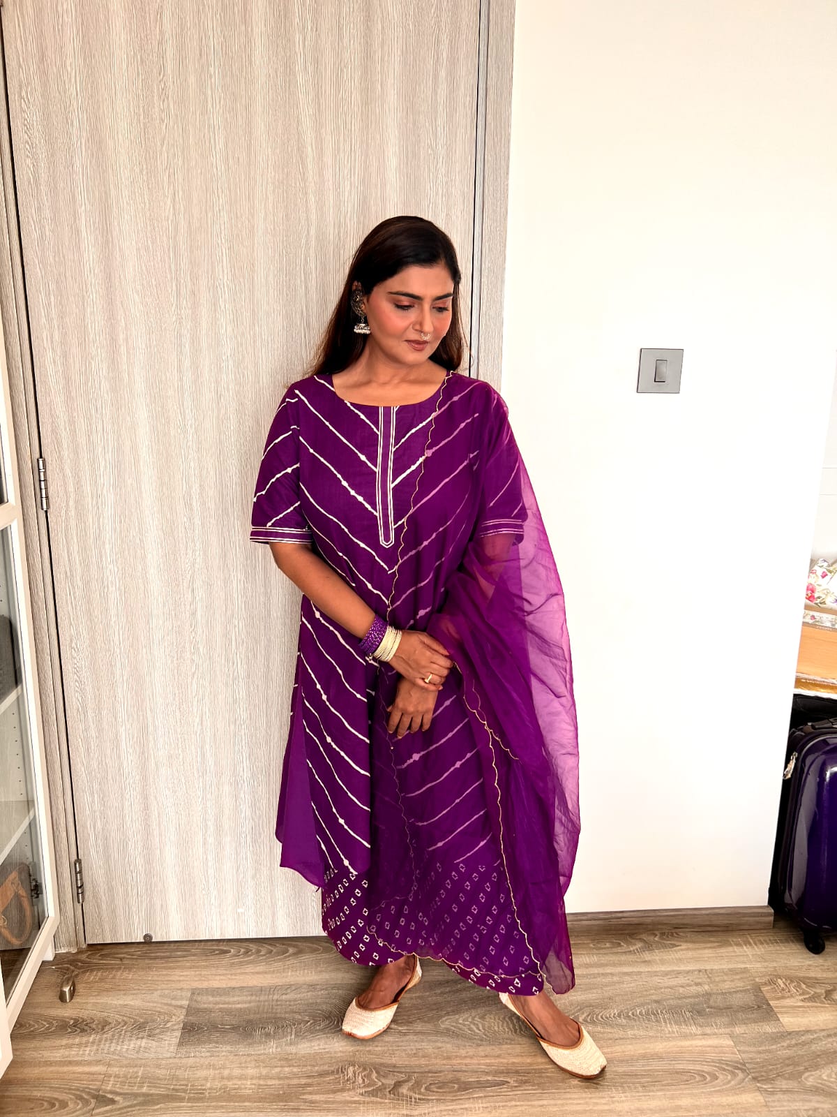Jamuni Purple Leheriya Bhandhani Kurta Set - (Set of 2)