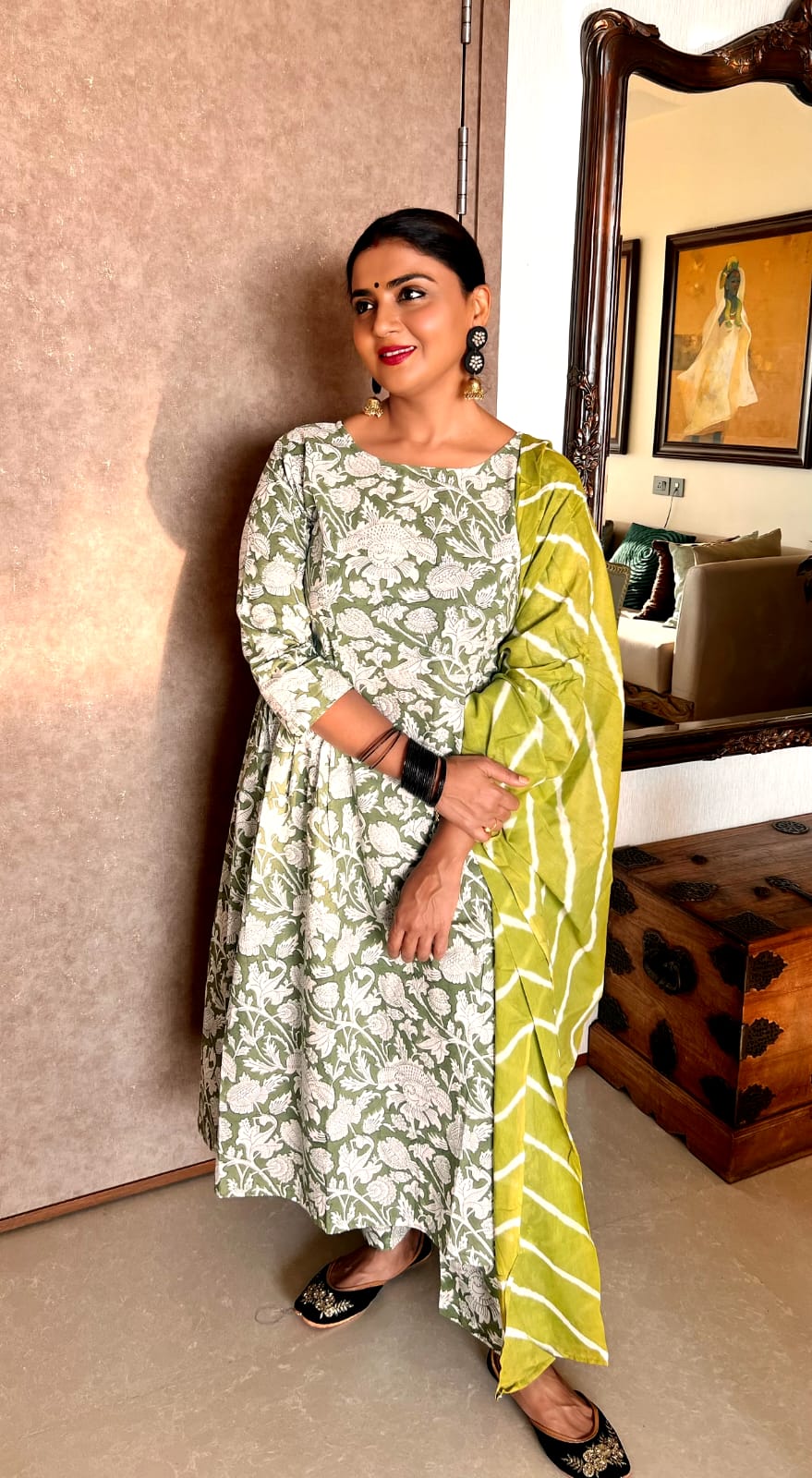 Cotton Green Floral Printed Kurta Set - (Set of 3)