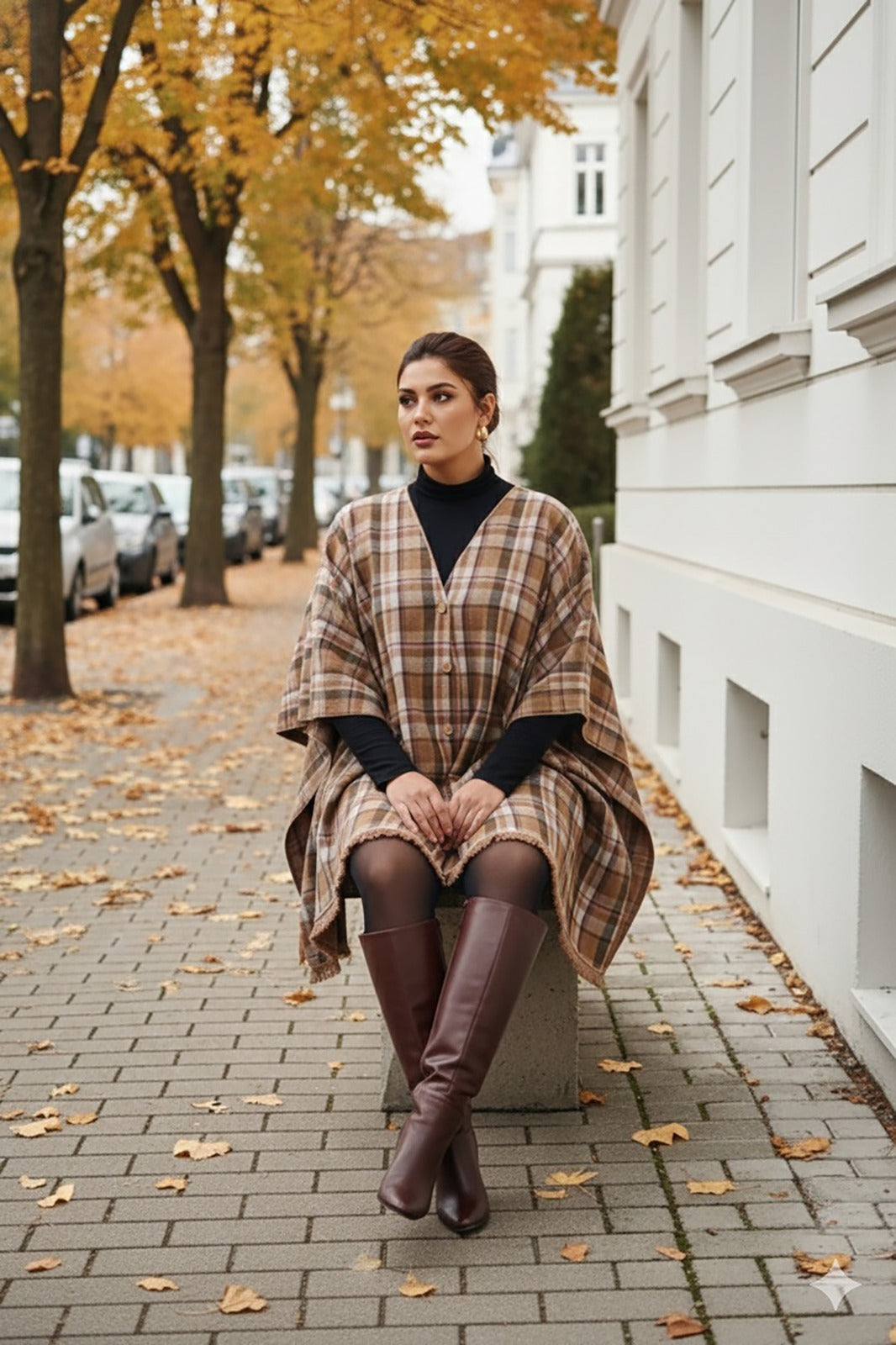 Plus Size Cozy Checked Winter Poncho Shirt for Women