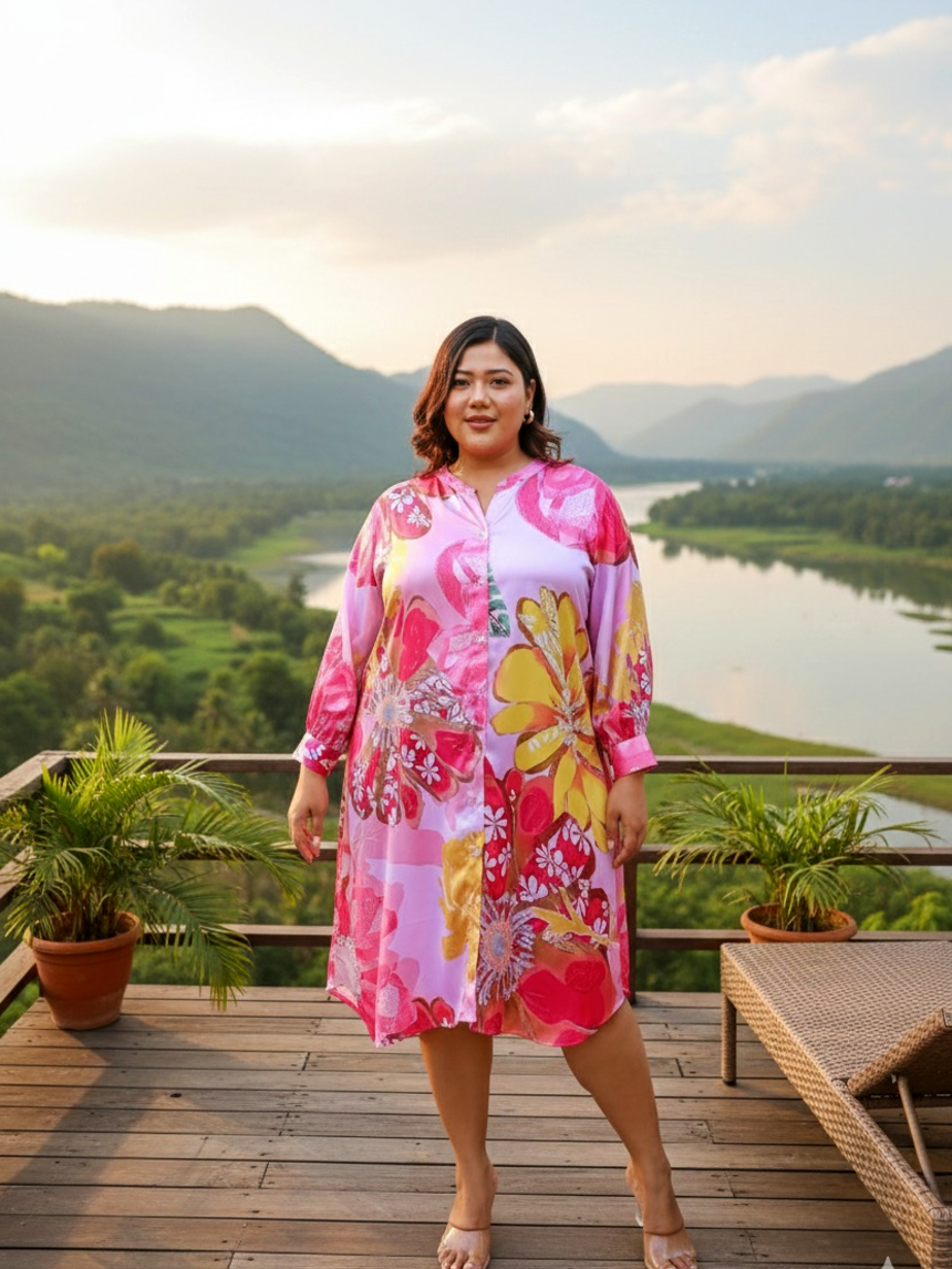 Pink Floral Print Shirt Dress