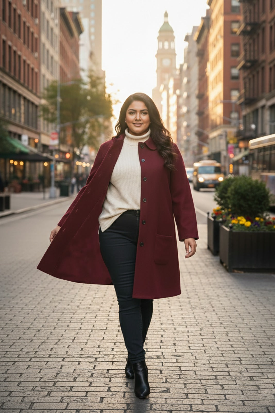 Plus Size Classic Burgundy Button-Down Woolen Overcoat for Women