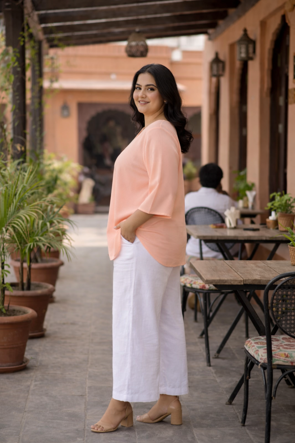 Coral Peach Linen Relaxed Fit Top