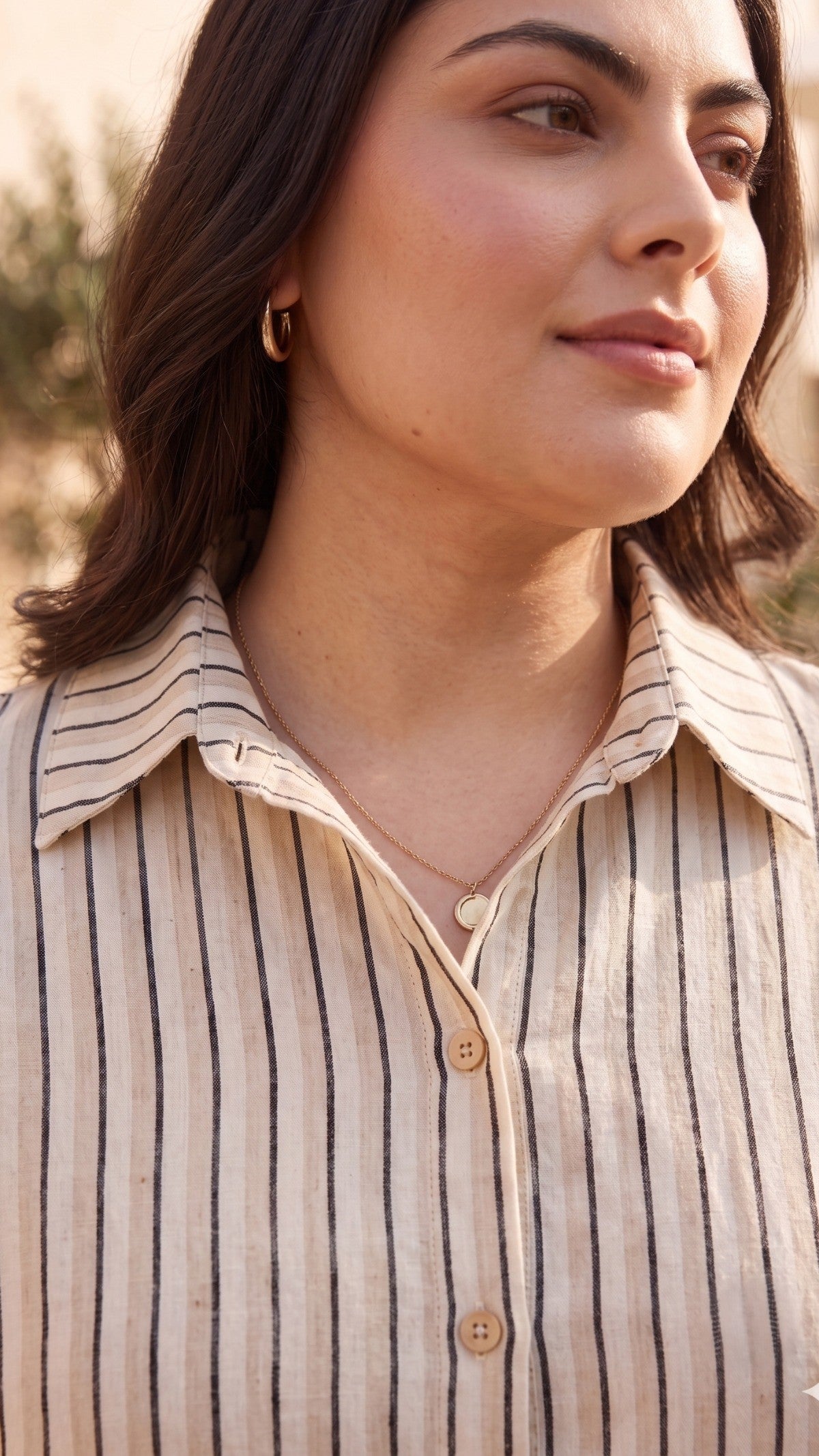 Plus Size Cotton Striped Co-ord Set for Women | Beige Shirt & Wide Leg Pants