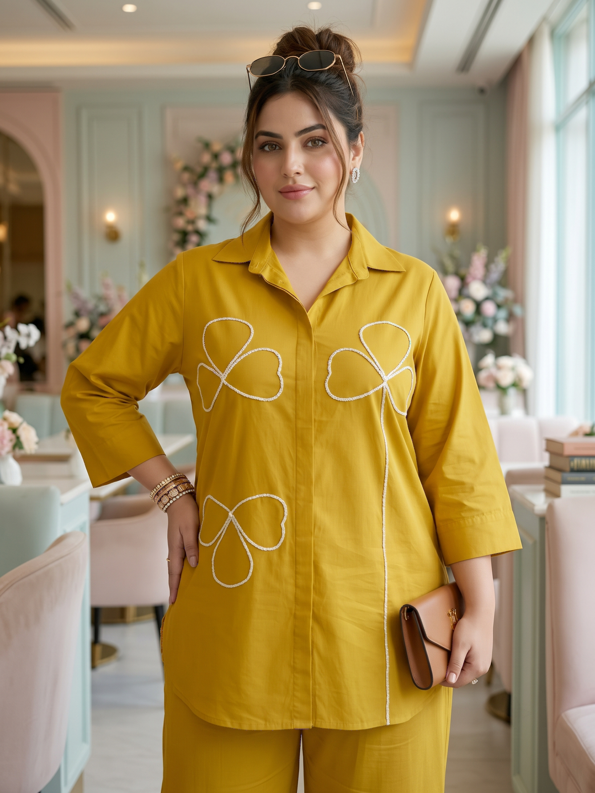 Plus Size Mustard 100% Cotton Co-Ord Set with White Embroidered Details