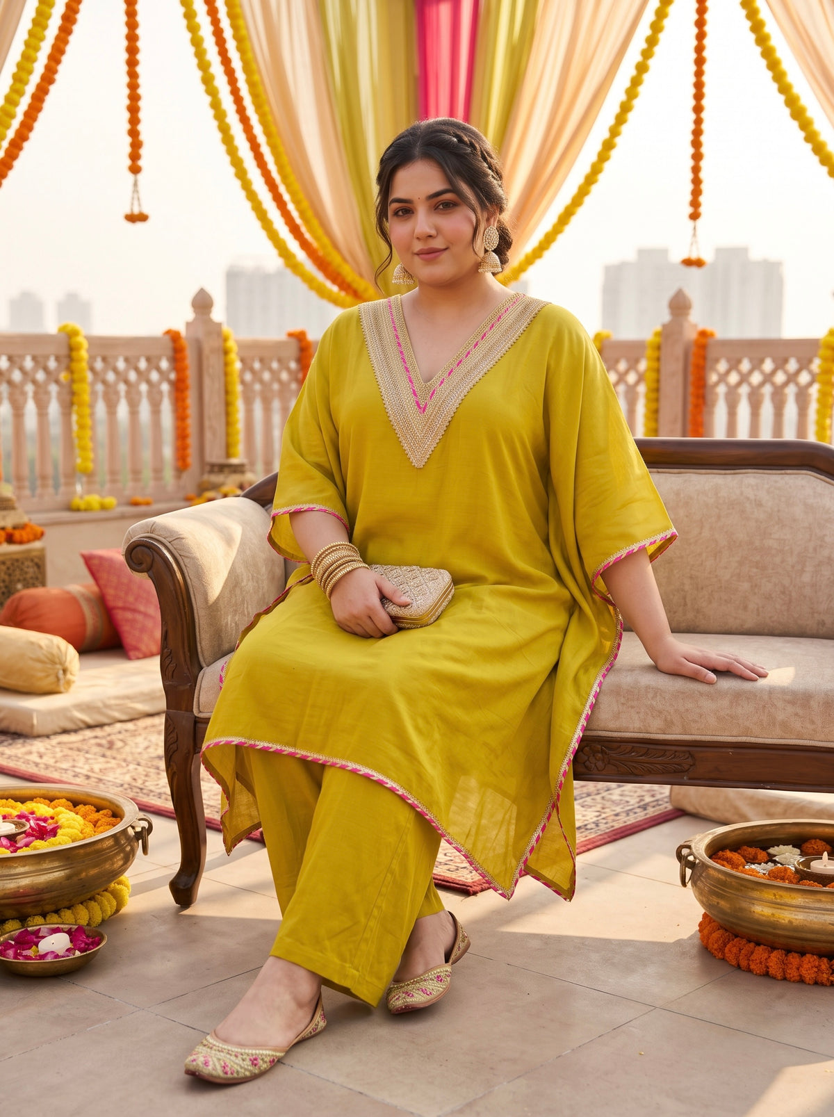 Plus Size Mustard Silk Kurta Set with Embroidered Neckline(set of 3)