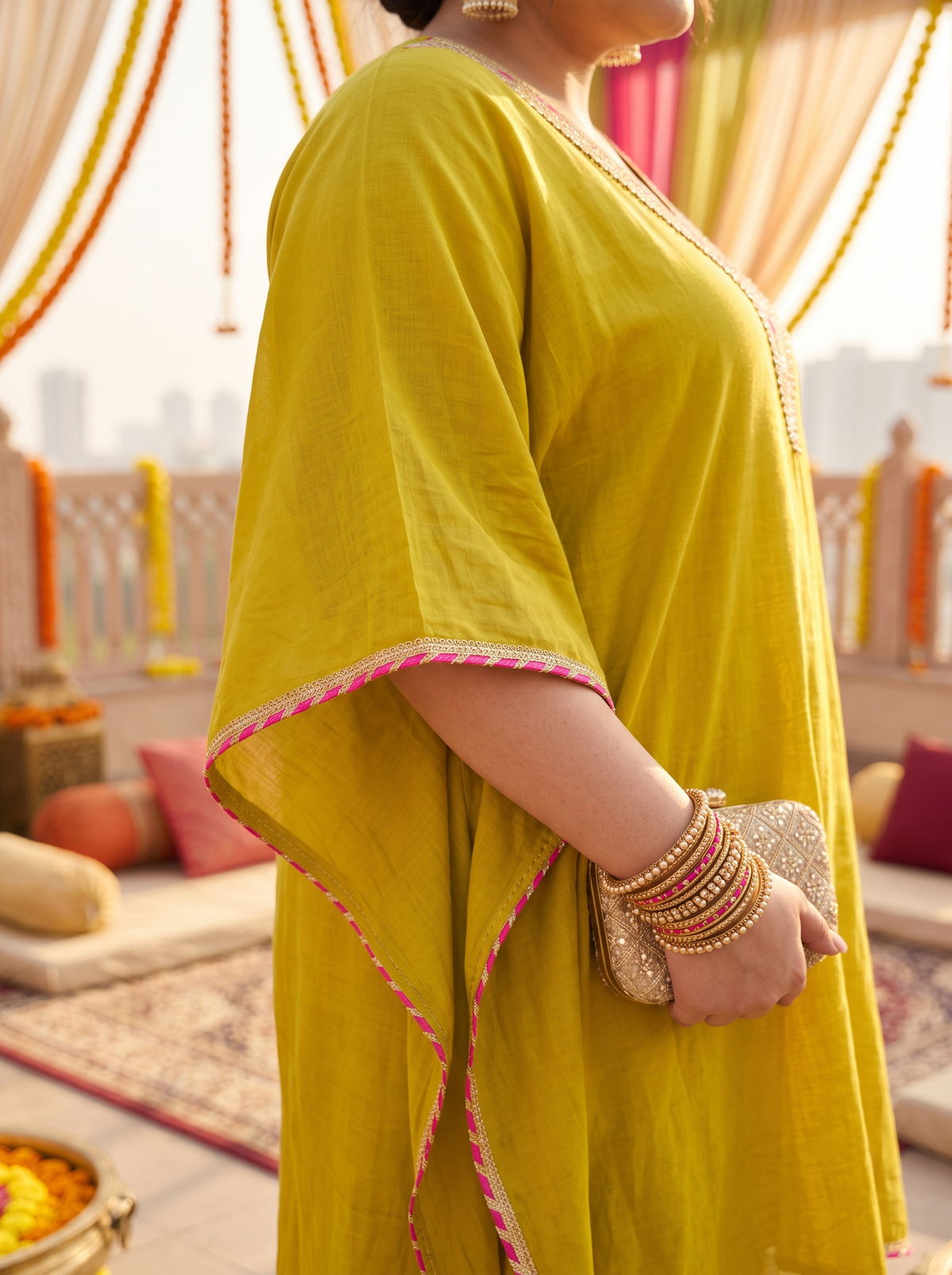 Plus Size Mustard Silk Kurta Set with Embroidered Neckline(set of 3)
