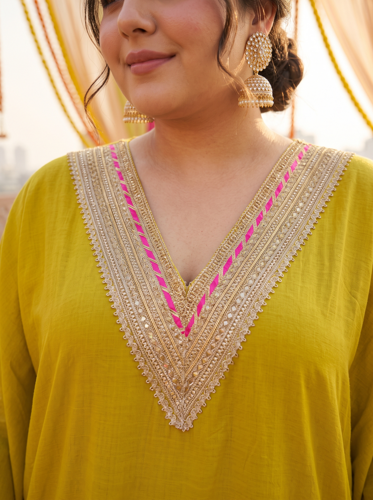 Plus Size Mustard Silk Kurta Set with Embroidered Neckline(set of 3)