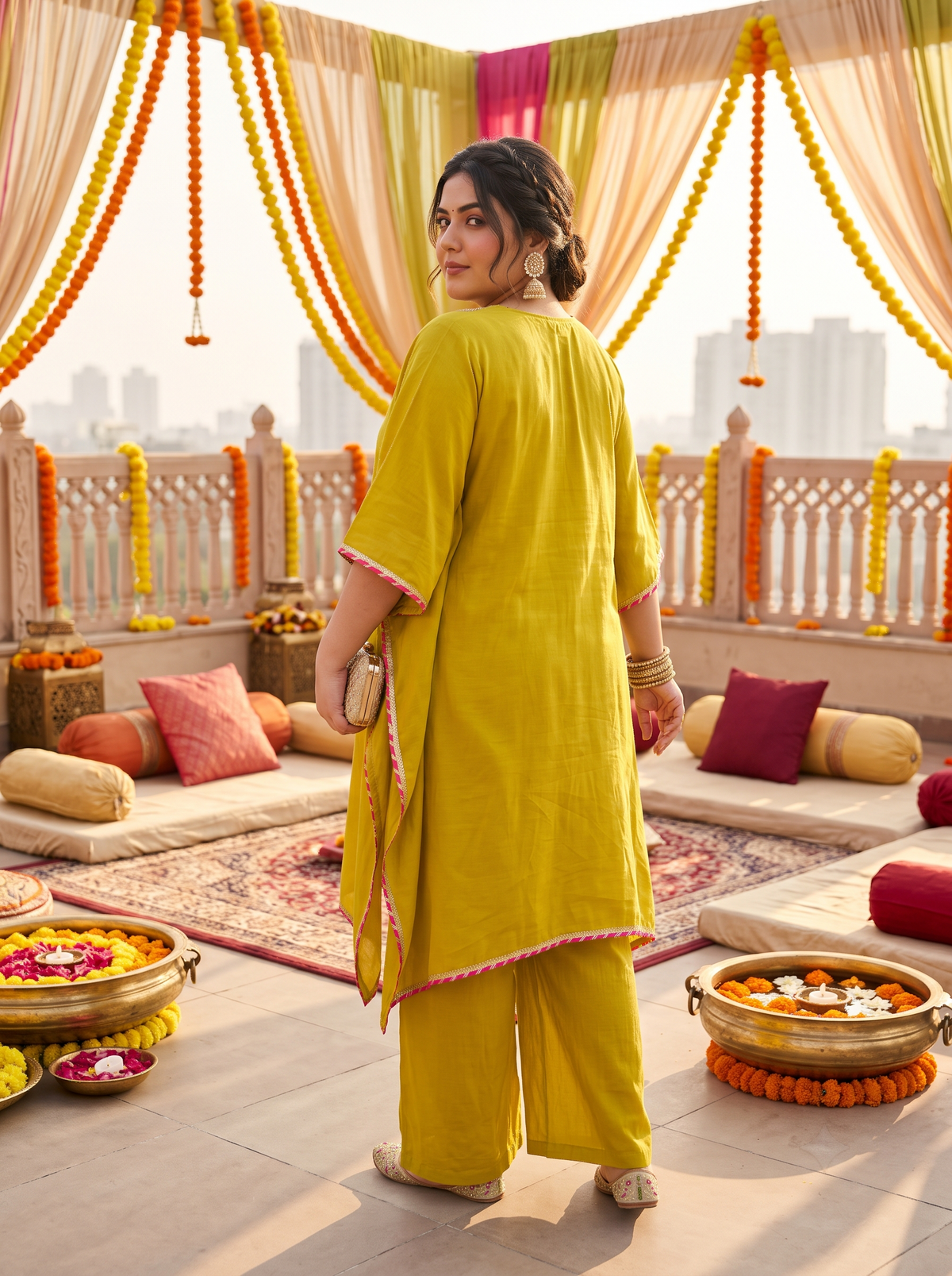 Plus Size Mustard Silk Kurta Set with Embroidered Neckline(set of 3)