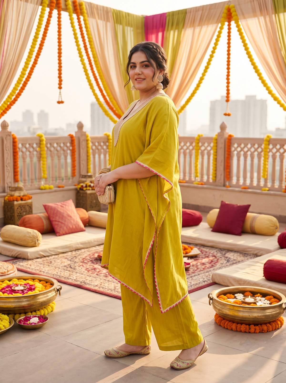 Plus Size Mustard Silk Kurta Set with Embroidered Neckline(set of 3)