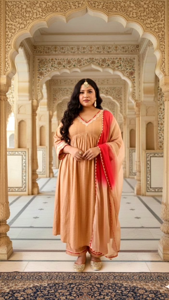 Caramel Self-Woven Zari Kurta Set with Gota Detailing