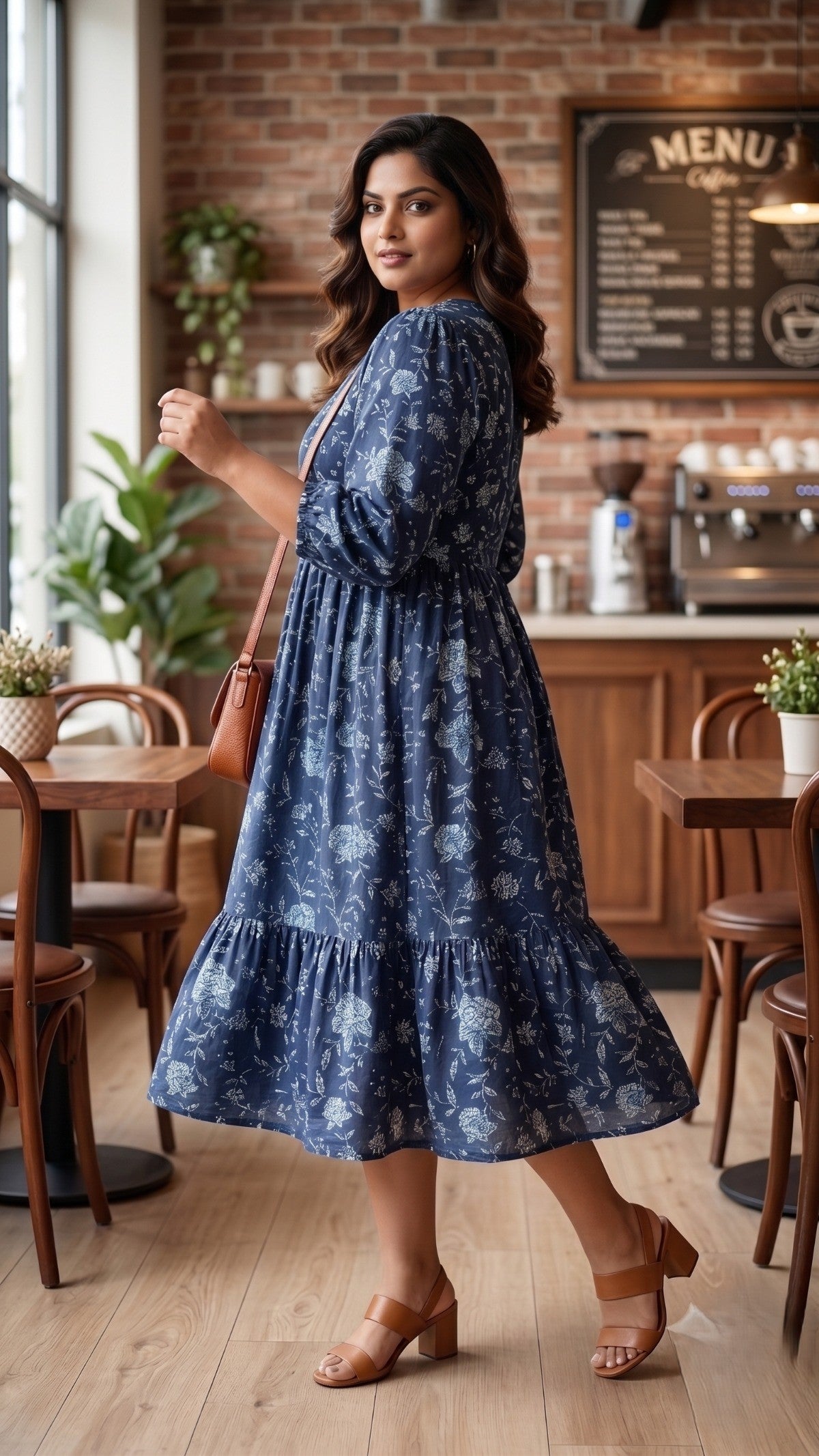 Regular Navy Blue Floral Tiered Dress