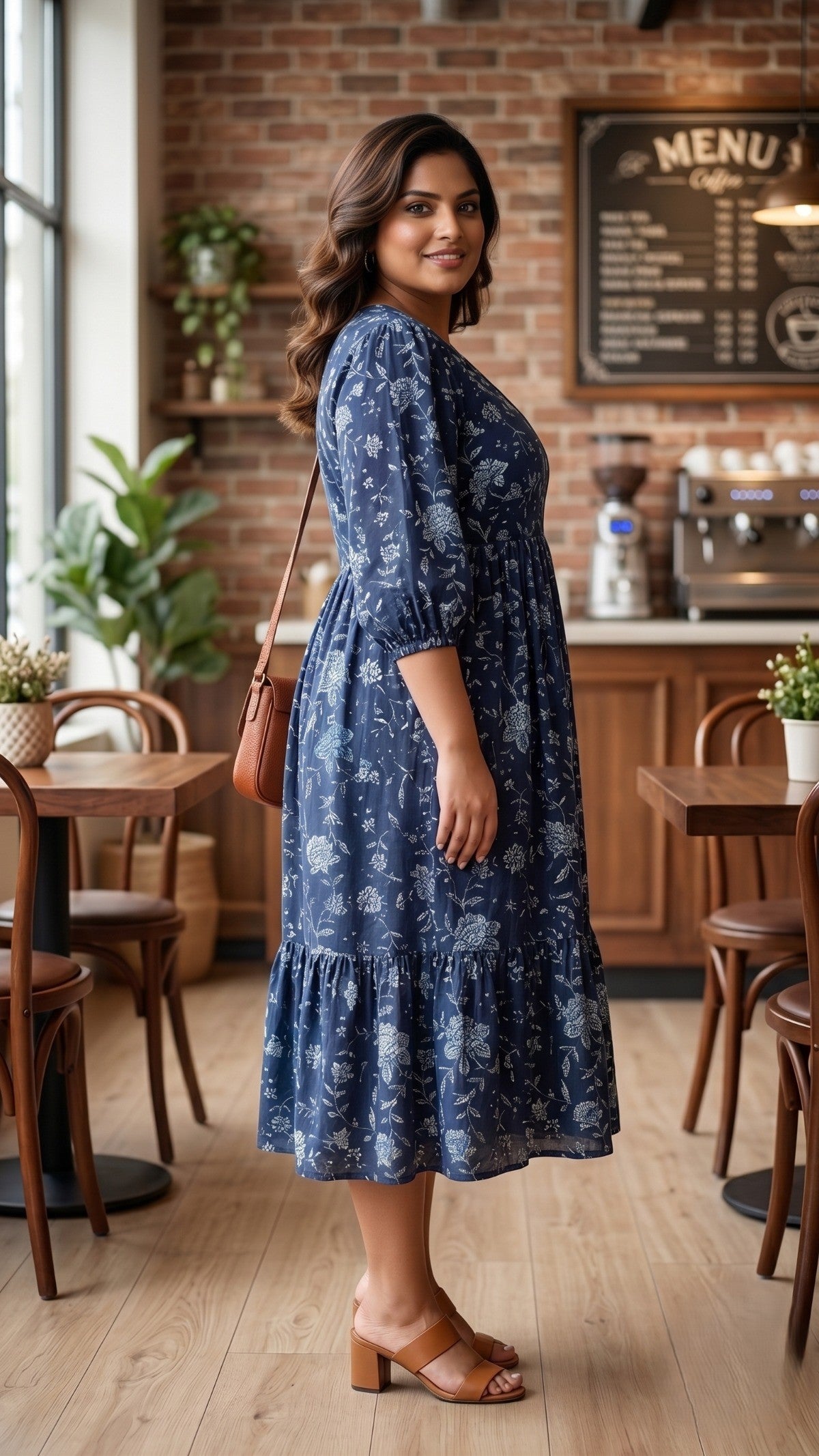 Regular Navy Blue Floral Tiered Dress