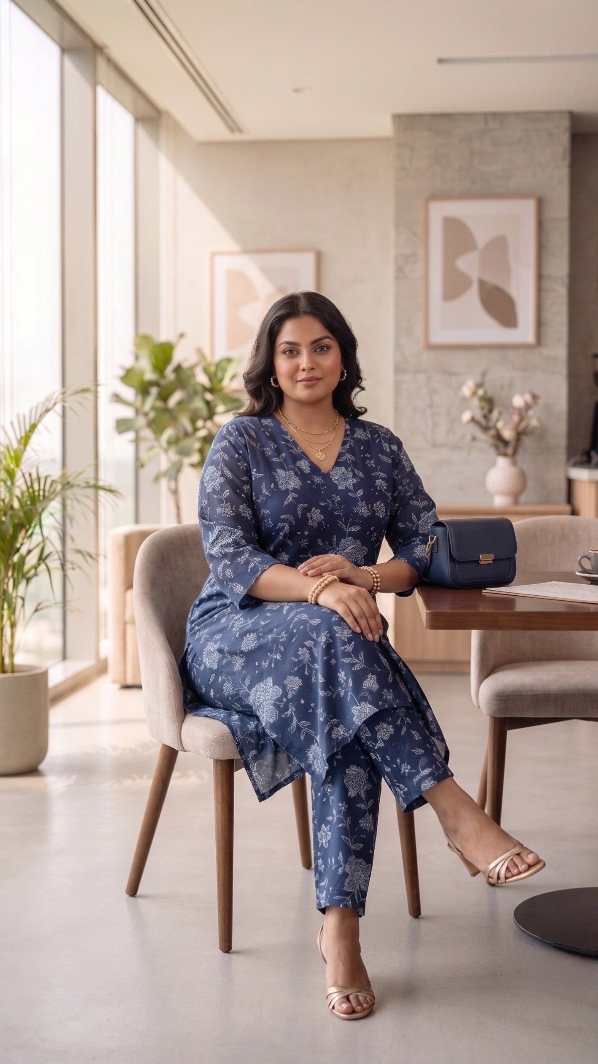 Plus Size Blue Cotton Co-Ord Set for Women – Printed Kurta & Pants Set