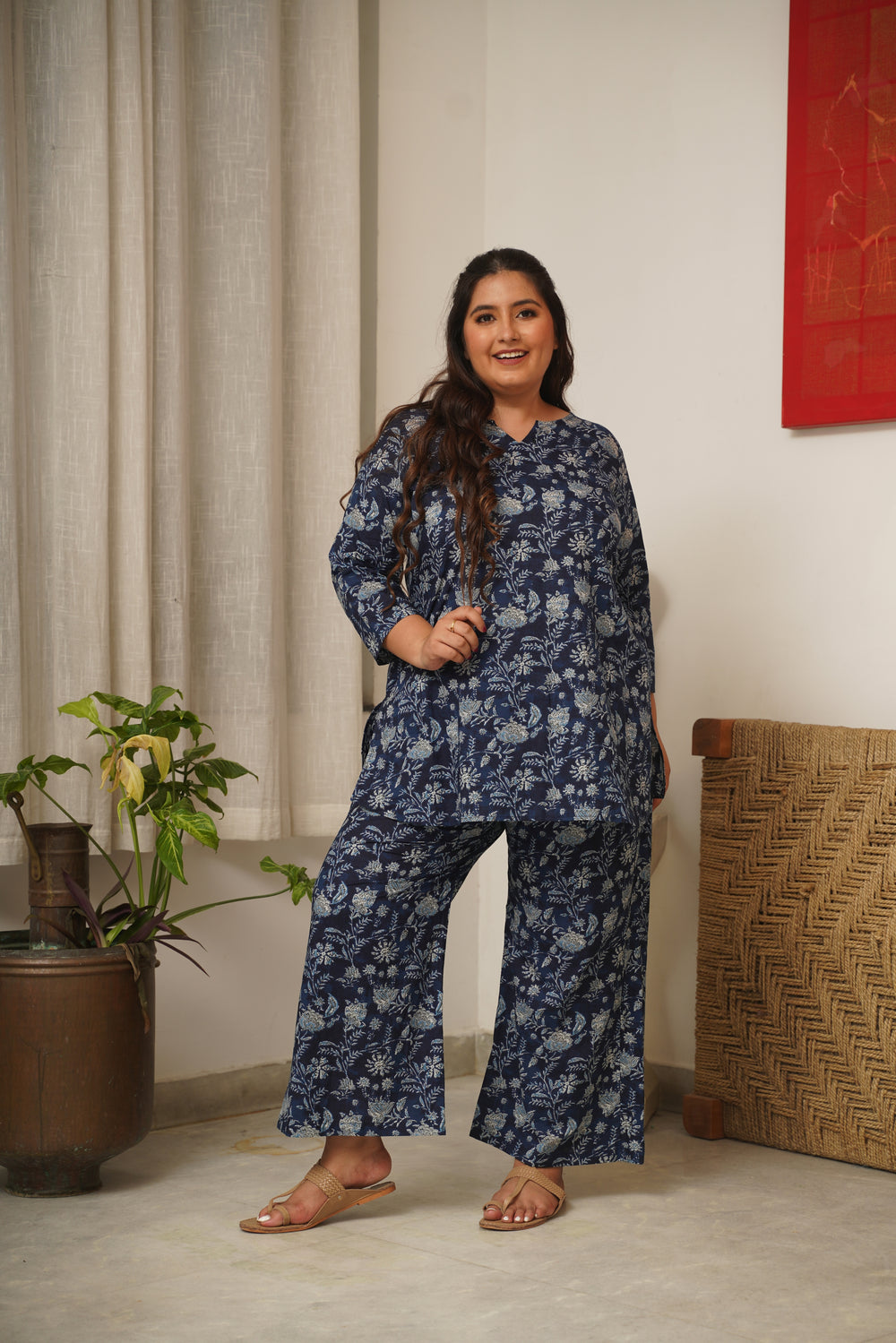 Floret Print Short Sleeve Lounge Set-Cream/Blue main image 0