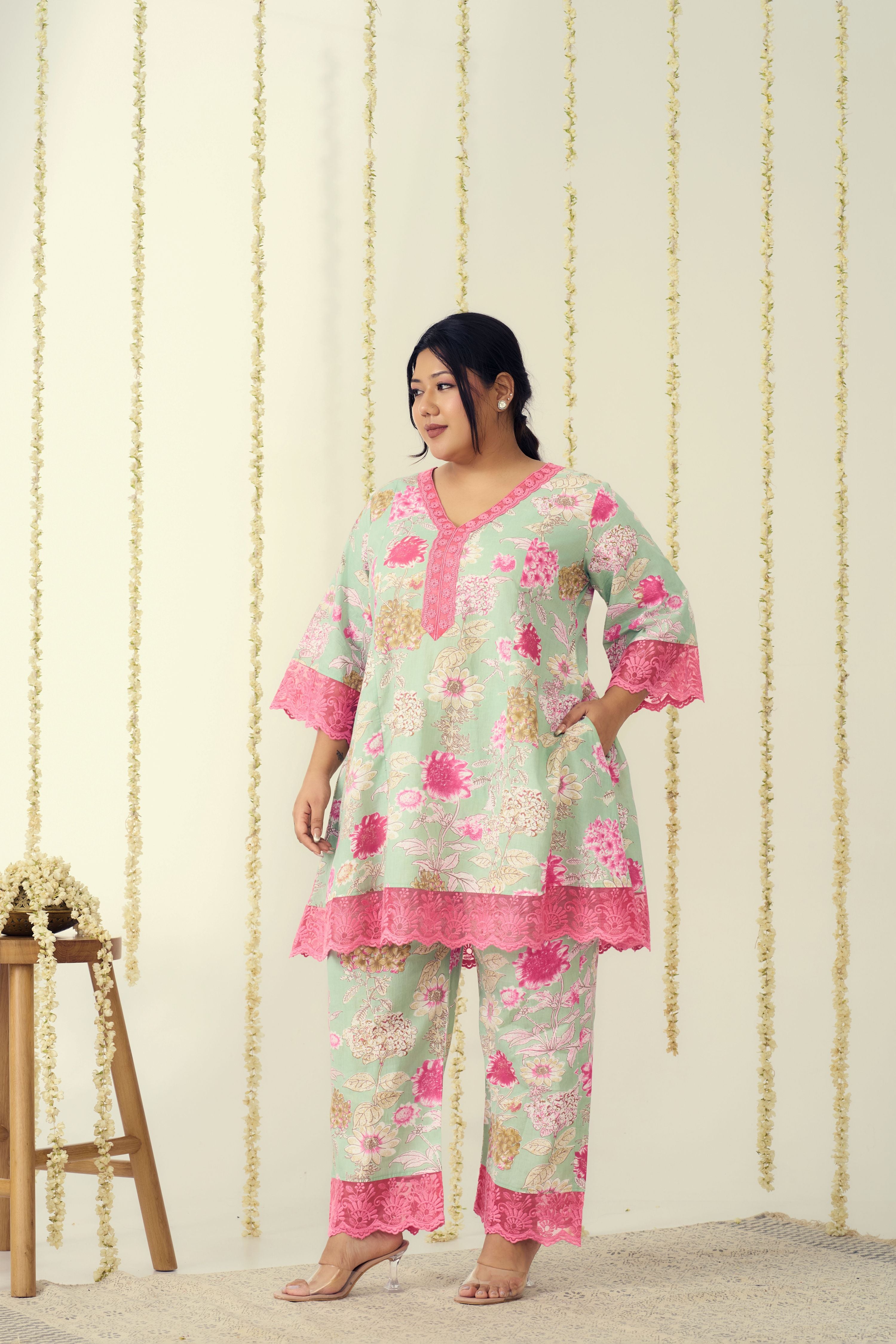 Mint And Pink Organza Lace Co-ord Set