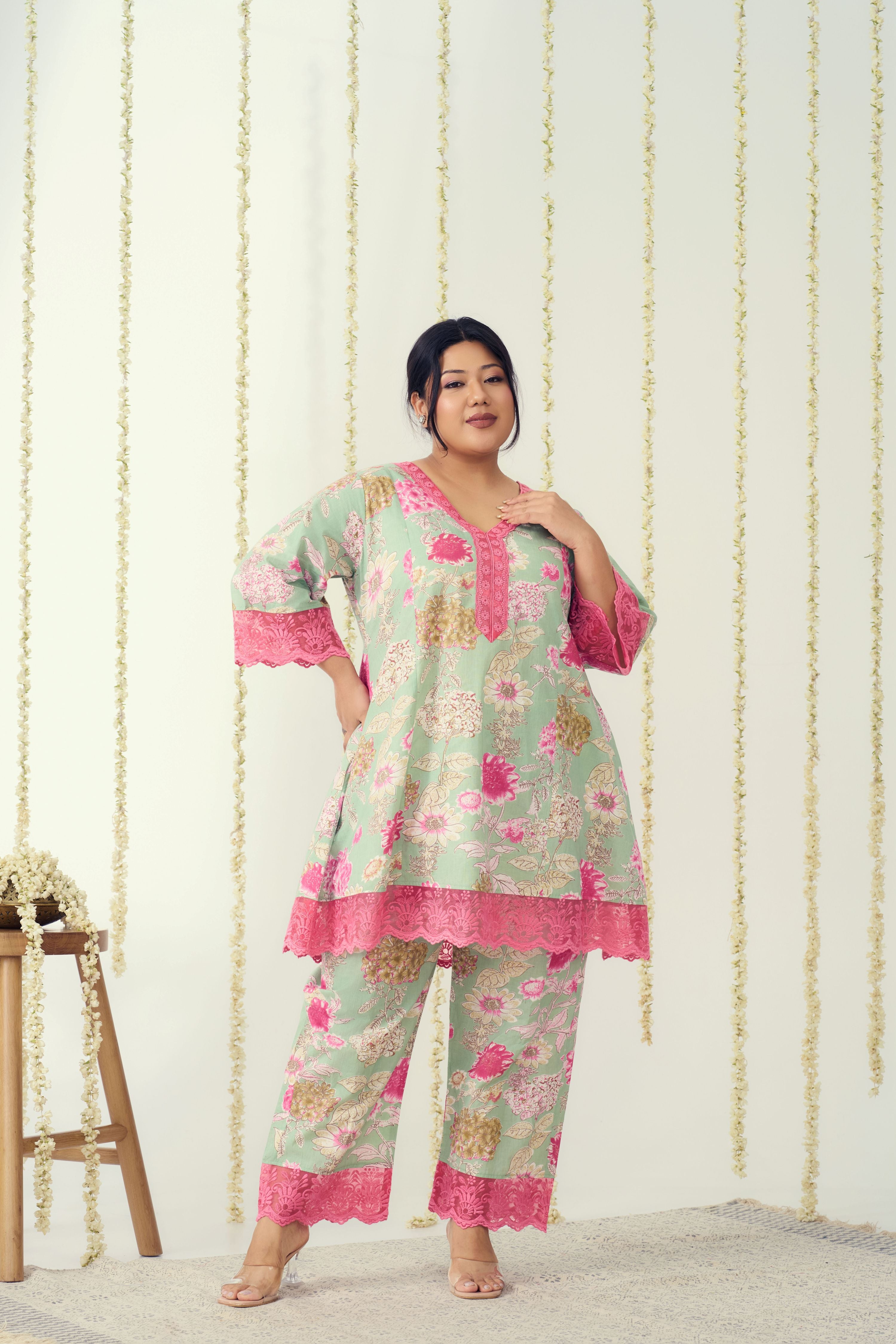 Mint And Pink Organza Lace Co-ord Set