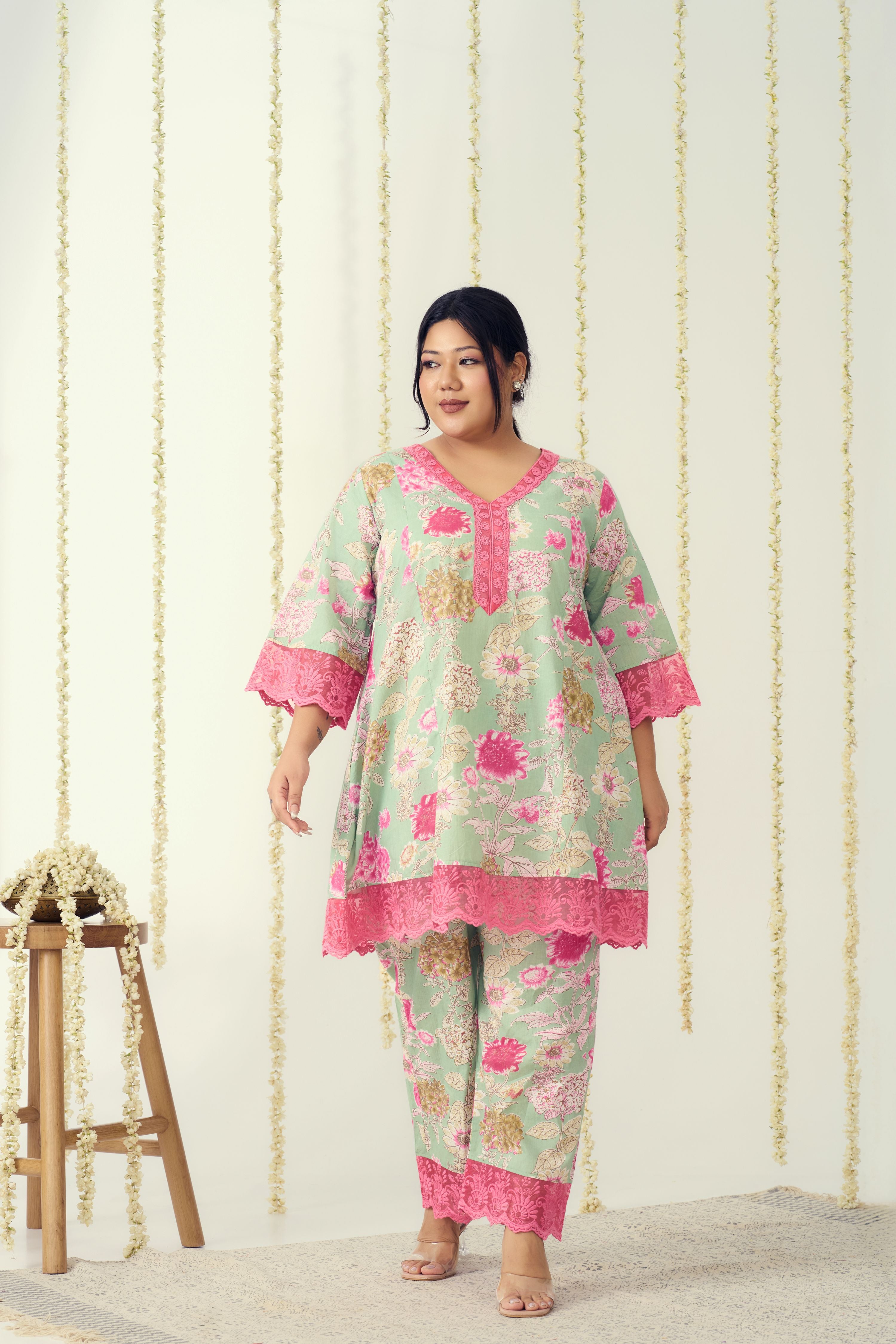 Mint And Pink Organza Lace Co-ord Set