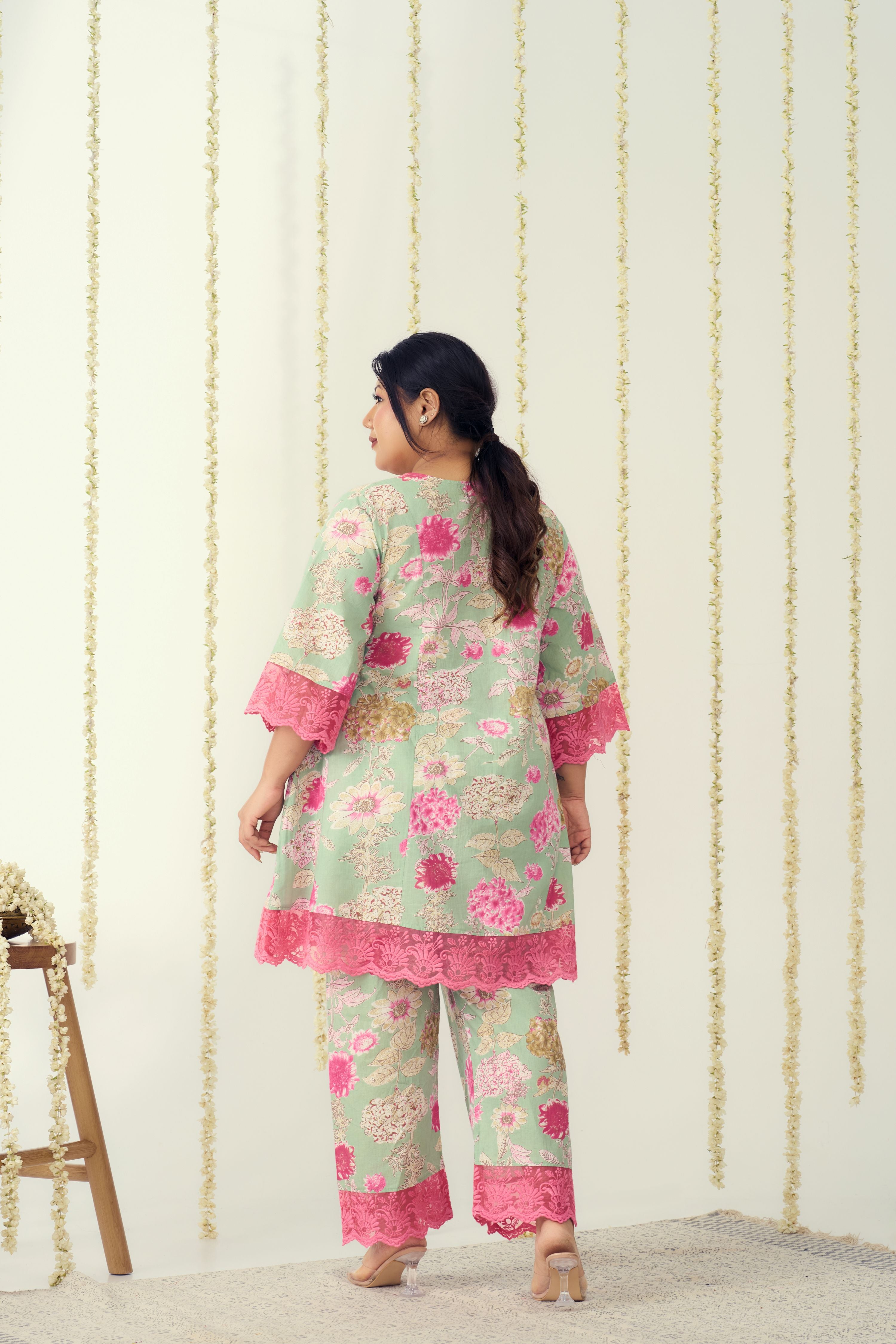 Mint And Pink Organza Lace Co-ord Set