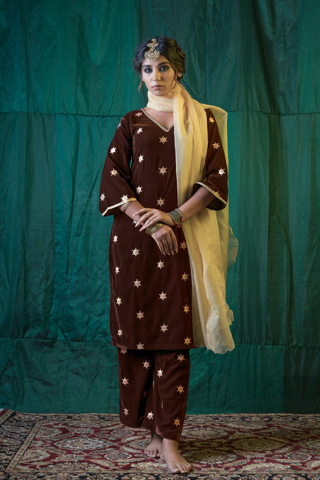 Brown Embroidered Velvet Kurta Set - (Set of 3)