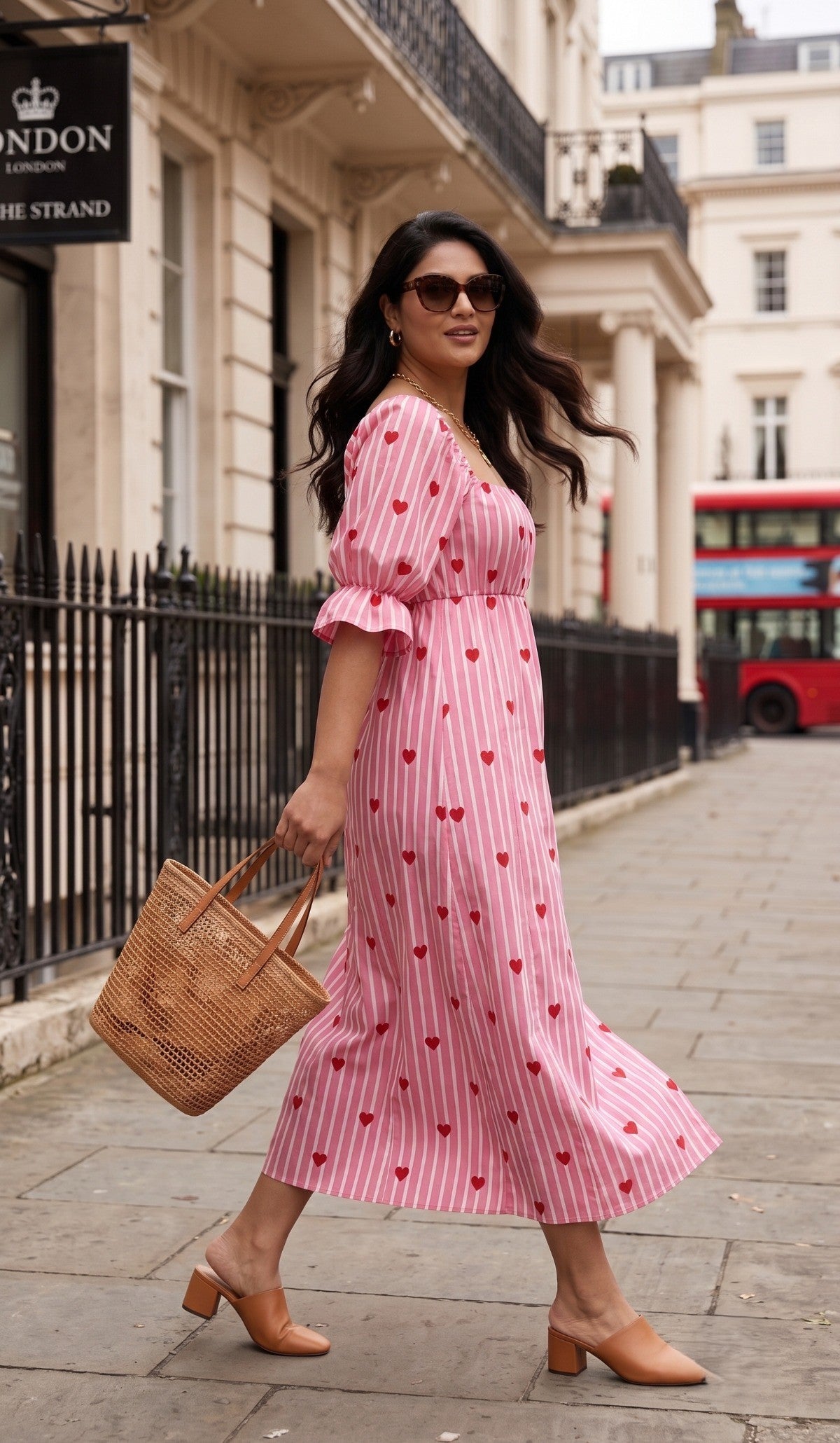 Plus Size Pink Heart Print Cotton Maxi Dress for Women | Square Neck Flared Dress