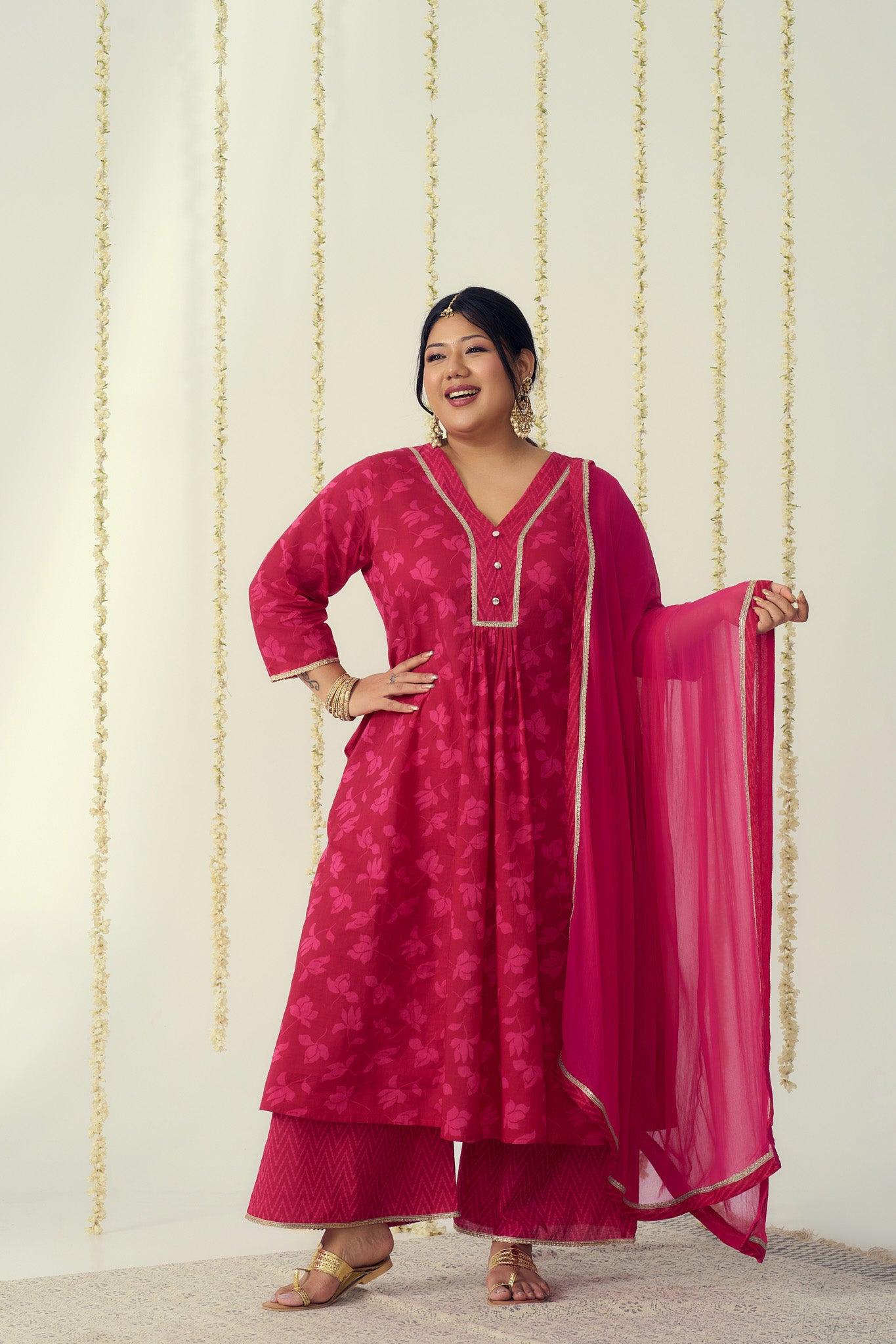 Fuchsia Pink Plazzo Suit Set (3 Pc)