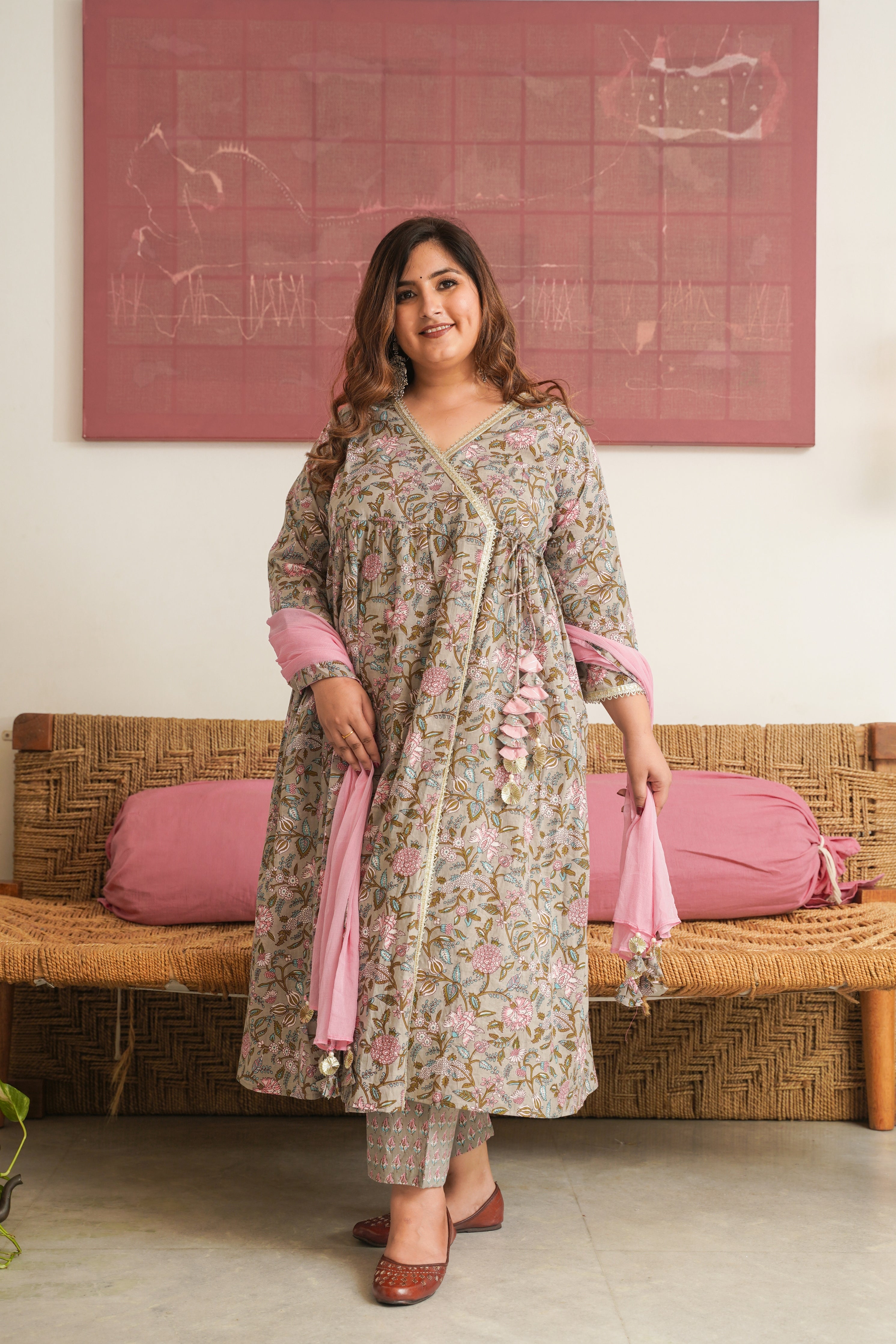 Grey Pink Floral Angrakha Kurta Suit Set - ( Set of 3 )