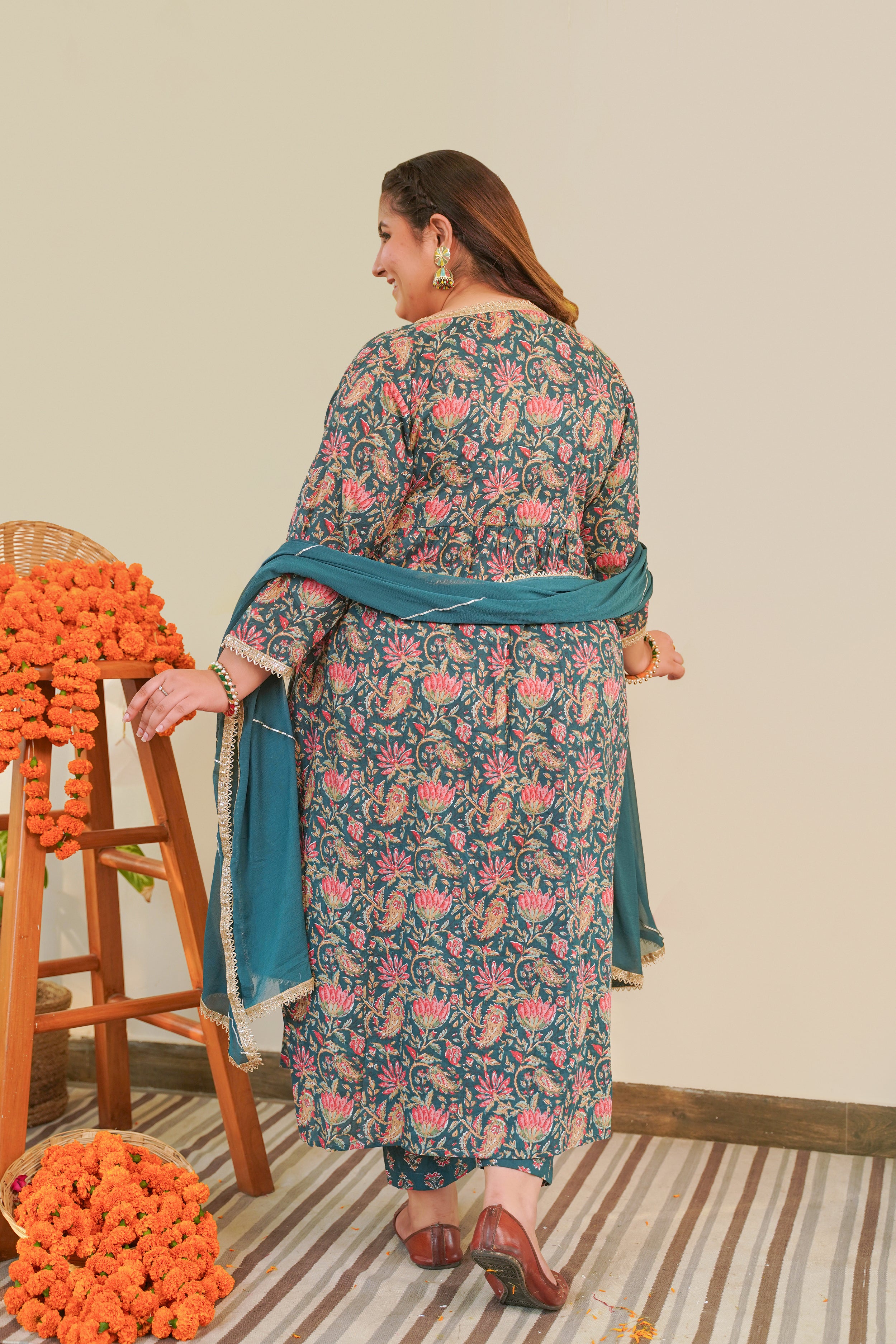 Bottle Green Cotton Printed Angrakha Set (Set of 3)