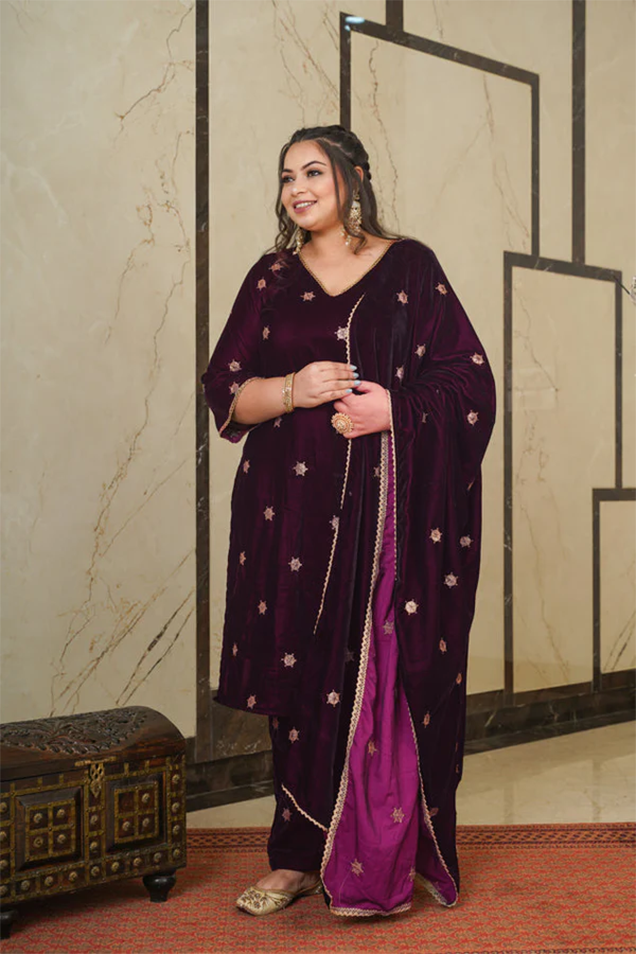 Wine Velvet Embroidered Shawl