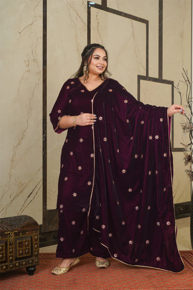 Wine Velvet Embroidered Shawl