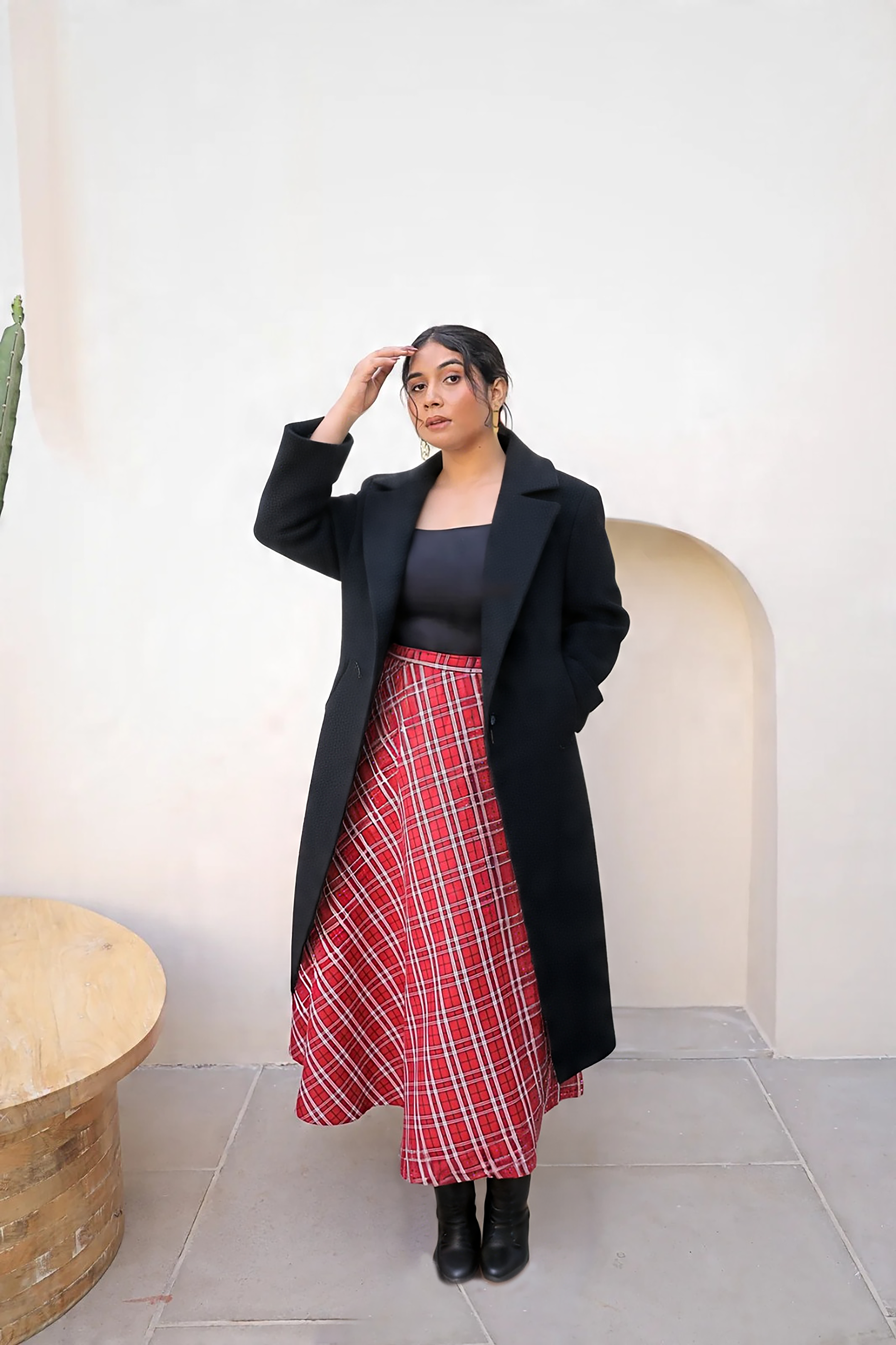 Red Checkered A-line Midi Skirt