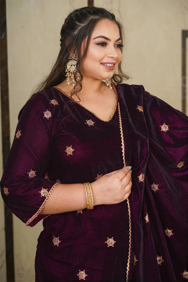 Wine Velvet Embroidered Shawl