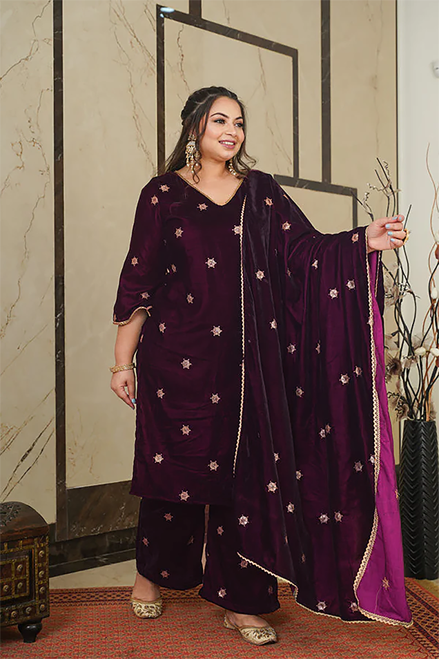 Wine Velvet Embroidered Shawl