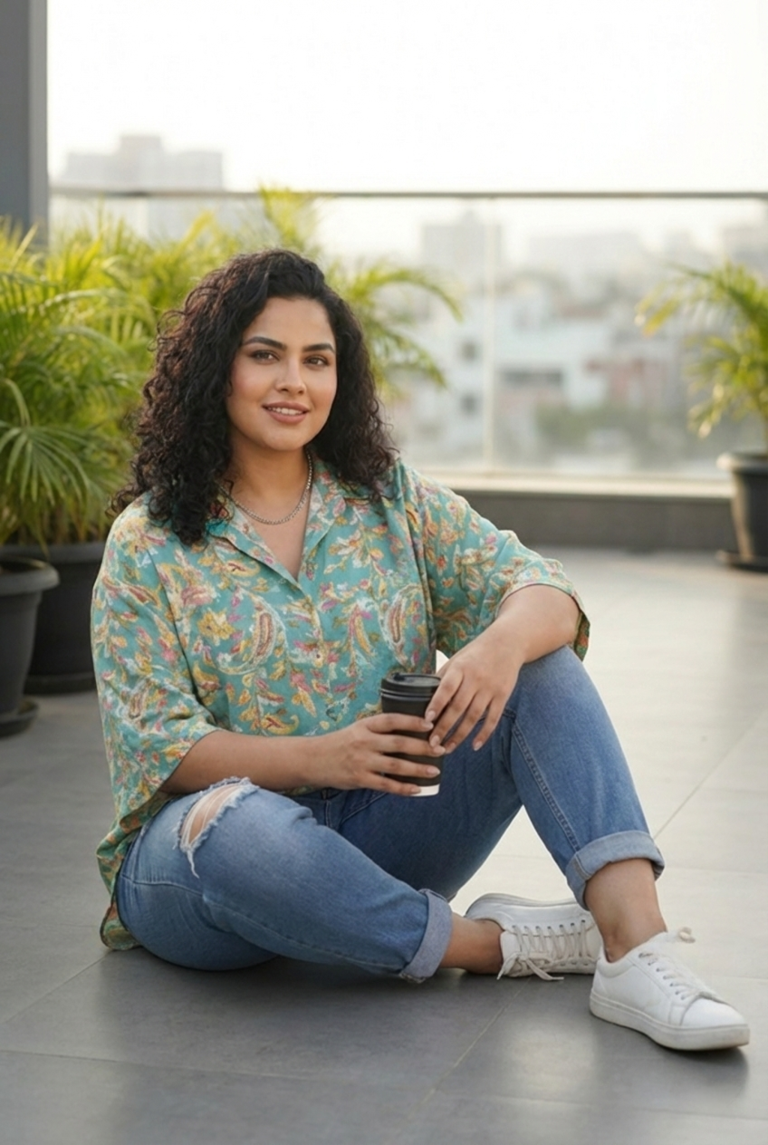 Plus Size Teal Green Floral Print Relaxed Fit Women Shirt