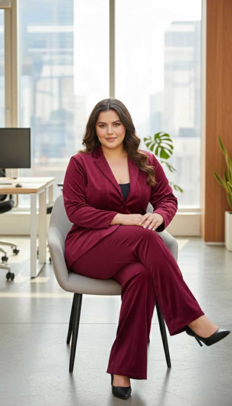 Plus Size Wine Velvet Premium Blazer Cord Set For Women