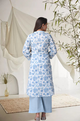 White & Blue Cotton floral hilo kurta pants set