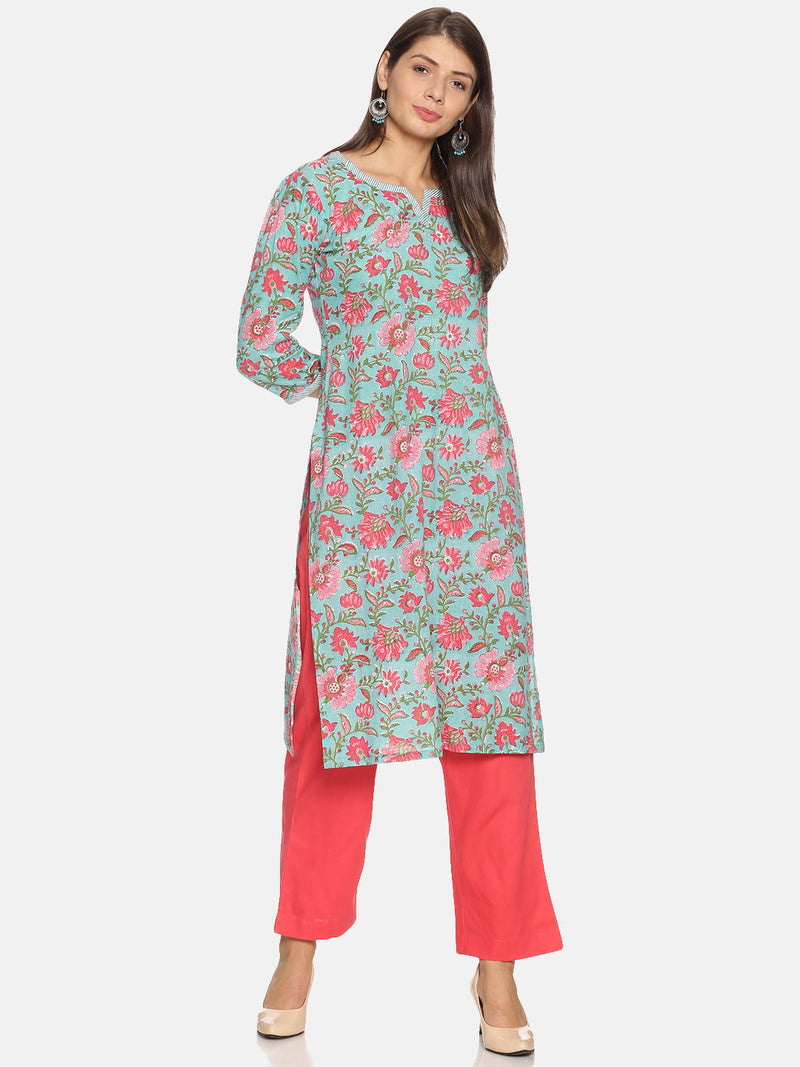 Floral Print Kurta with Red Straight Pants | NR