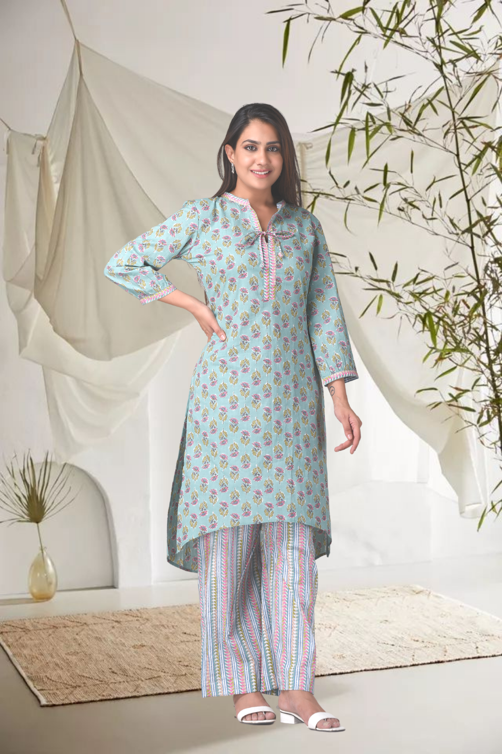 Cotton Green Floral Printed Hilo Kurta Pants Set - (Set of 2)