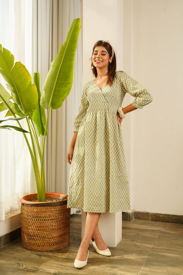 Katli Printed V-Neck Cotton Slit Dress- Regular Size