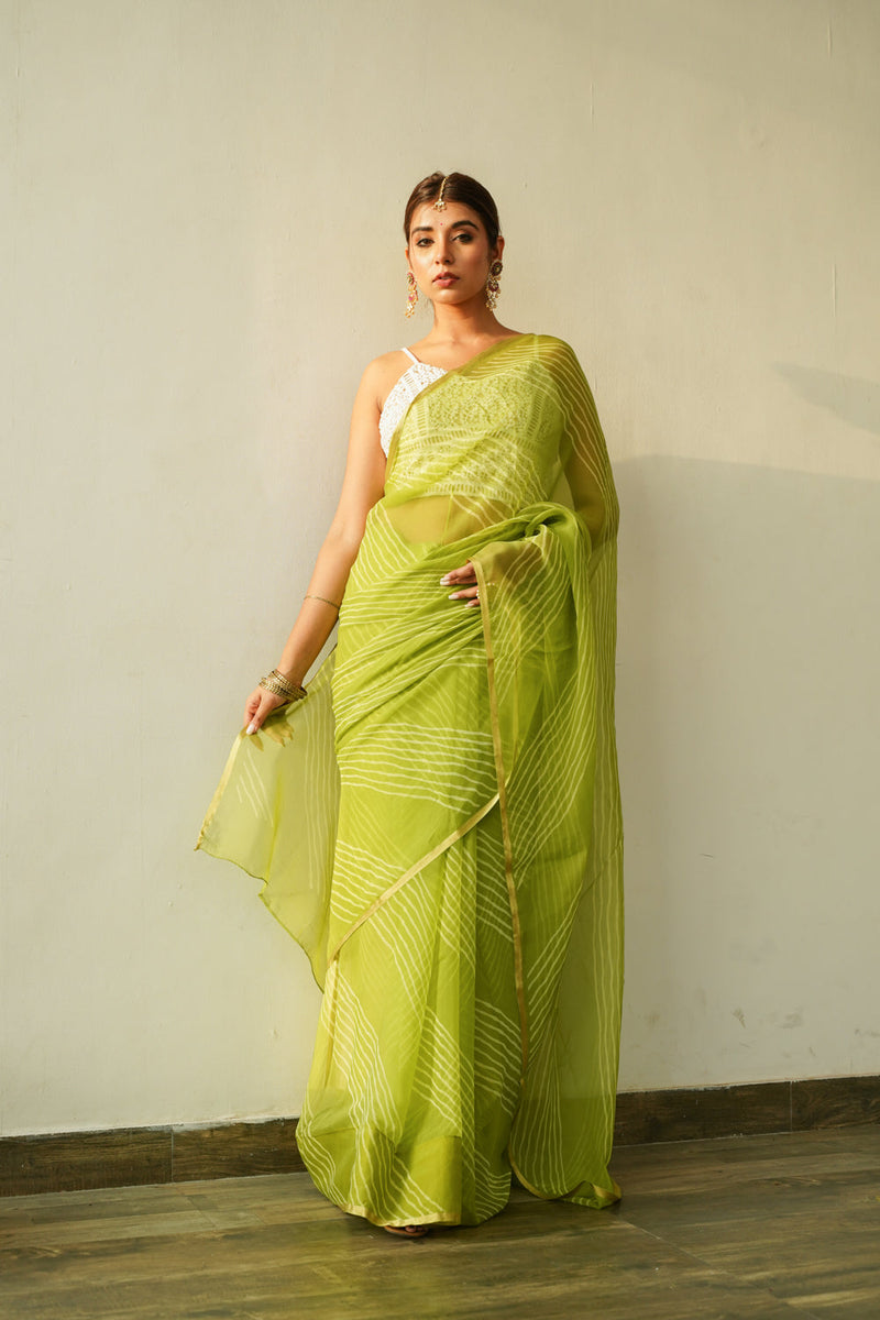 Lime Green Leheriya Saree (Saree Without Blouse)